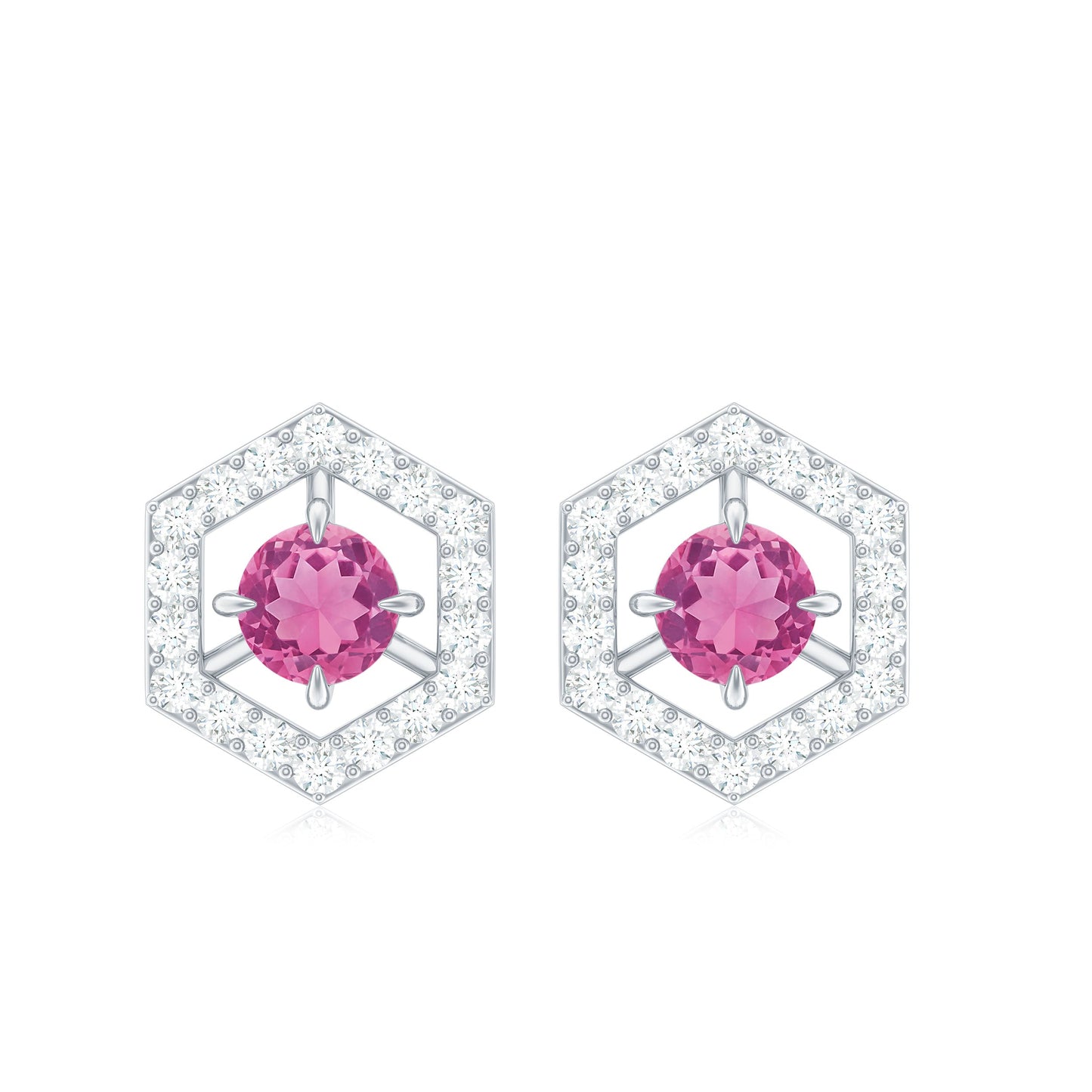 1 CT Minimal Pink Tourmaline and Diamond Geometric Stud Earrings