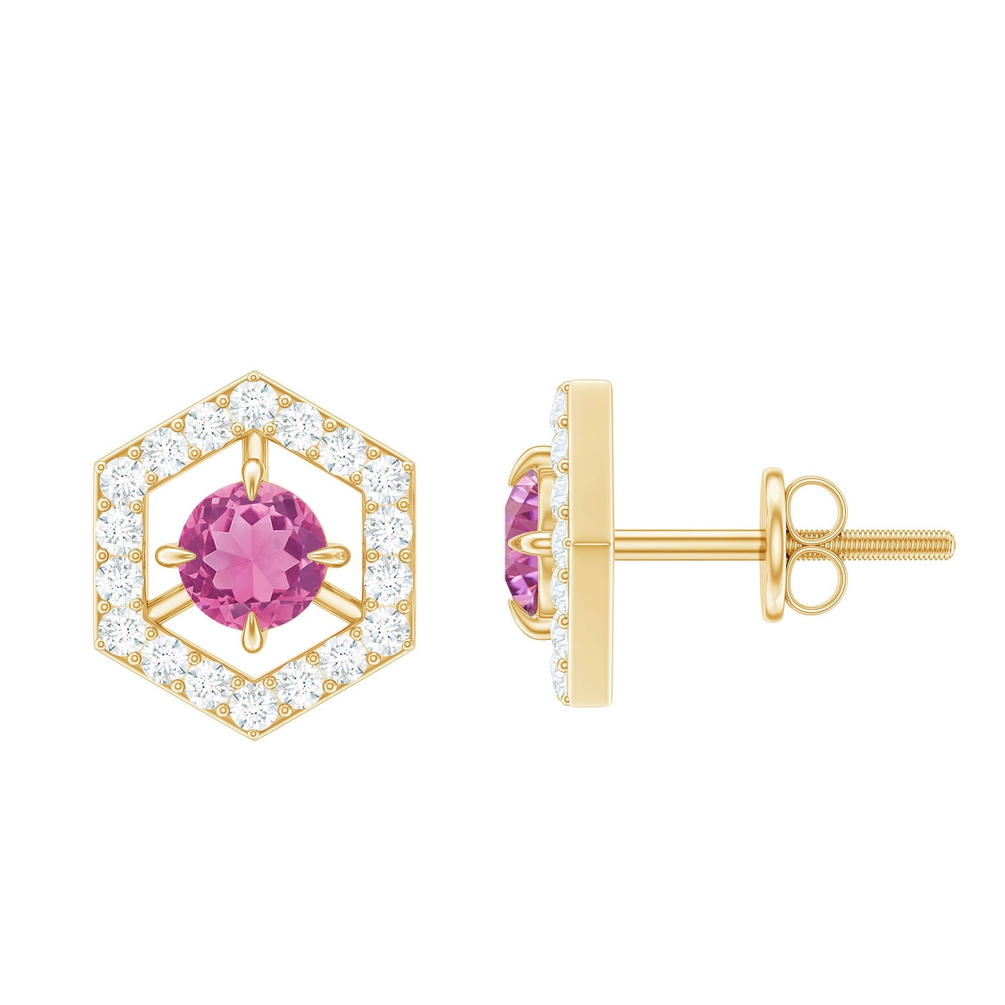 1 CT Minimal Pink Tourmaline and Diamond Geometric Stud Earrings