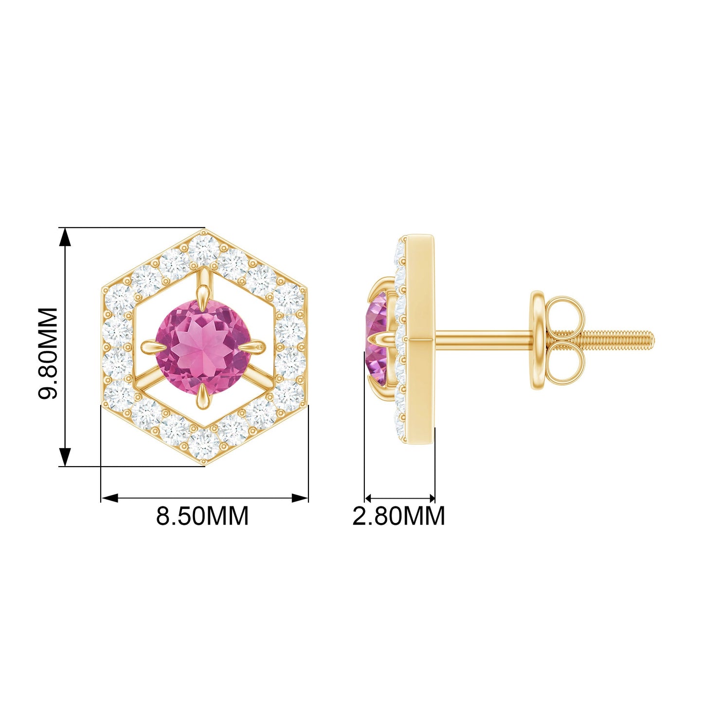 1 CT Minimal Pink Tourmaline and Diamond Geometric Stud Earrings