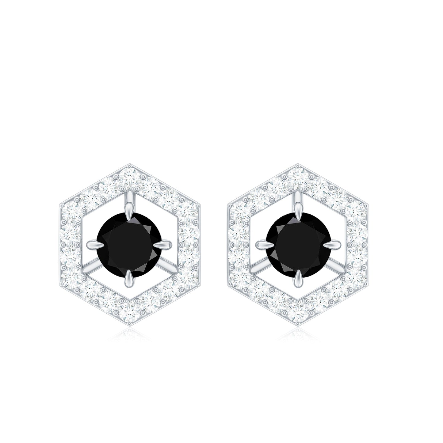 1 CT Black Spinel and Diamond Hexagon Stud Earrings