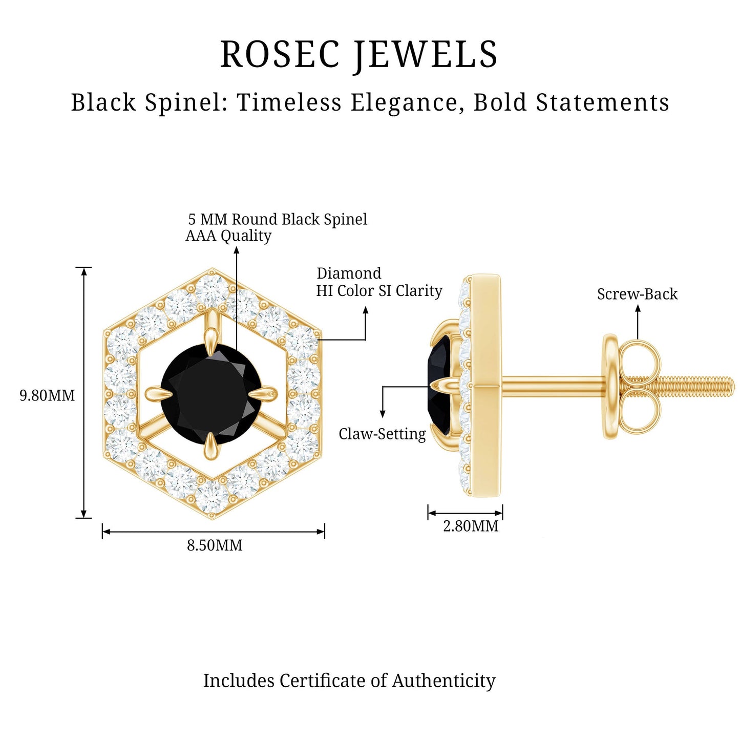 1 CT Black Spinel and Diamond Hexagon Stud Earrings