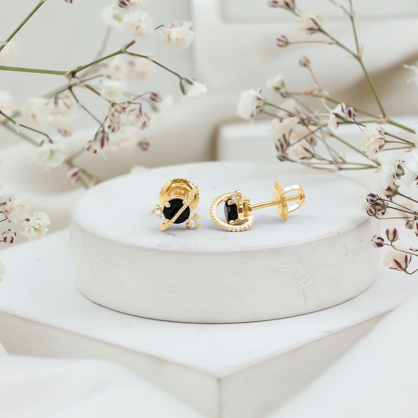 Real Black Onyx and Diamond Contemporary Stud Earrings