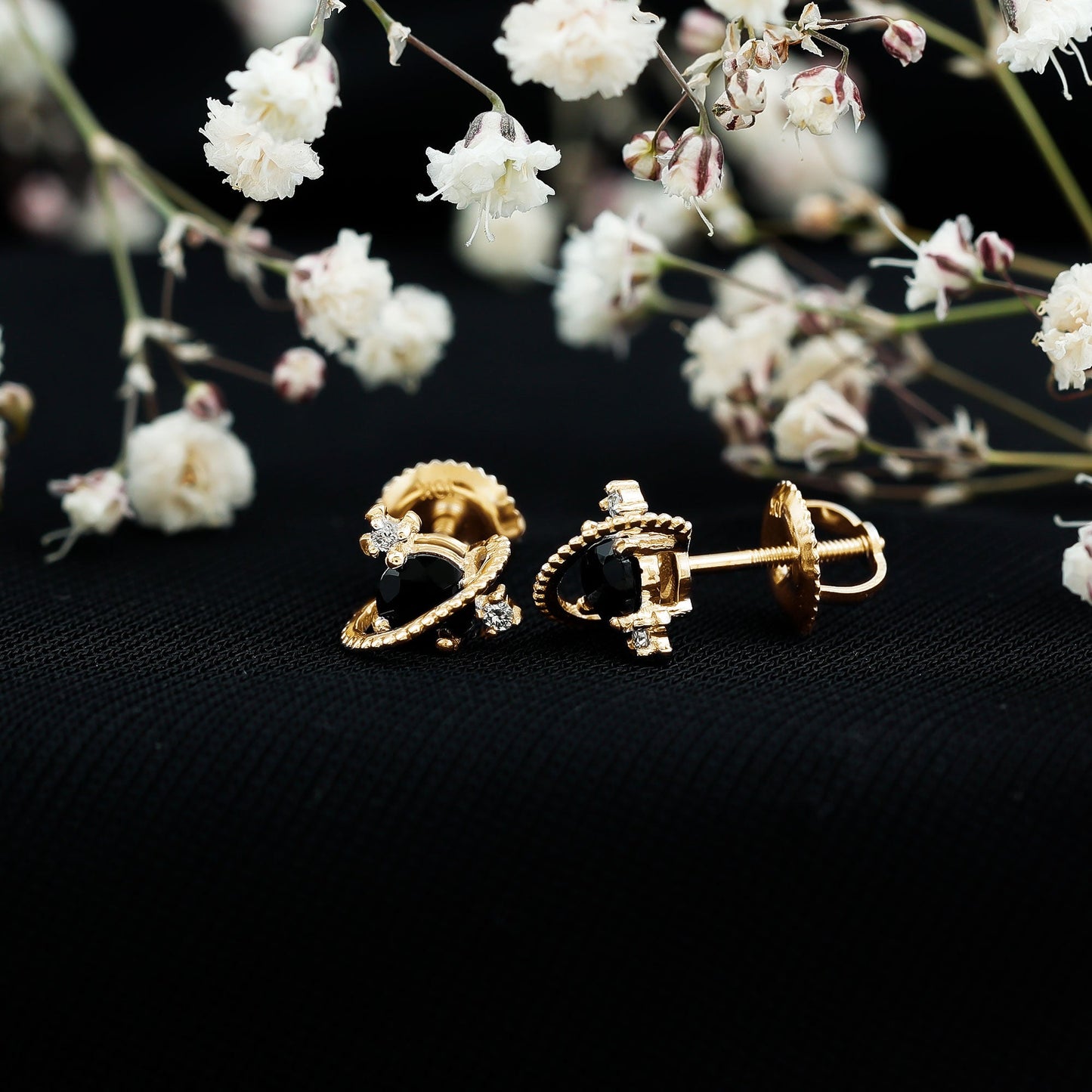 Real Black Onyx and Diamond Contemporary Stud Earrings