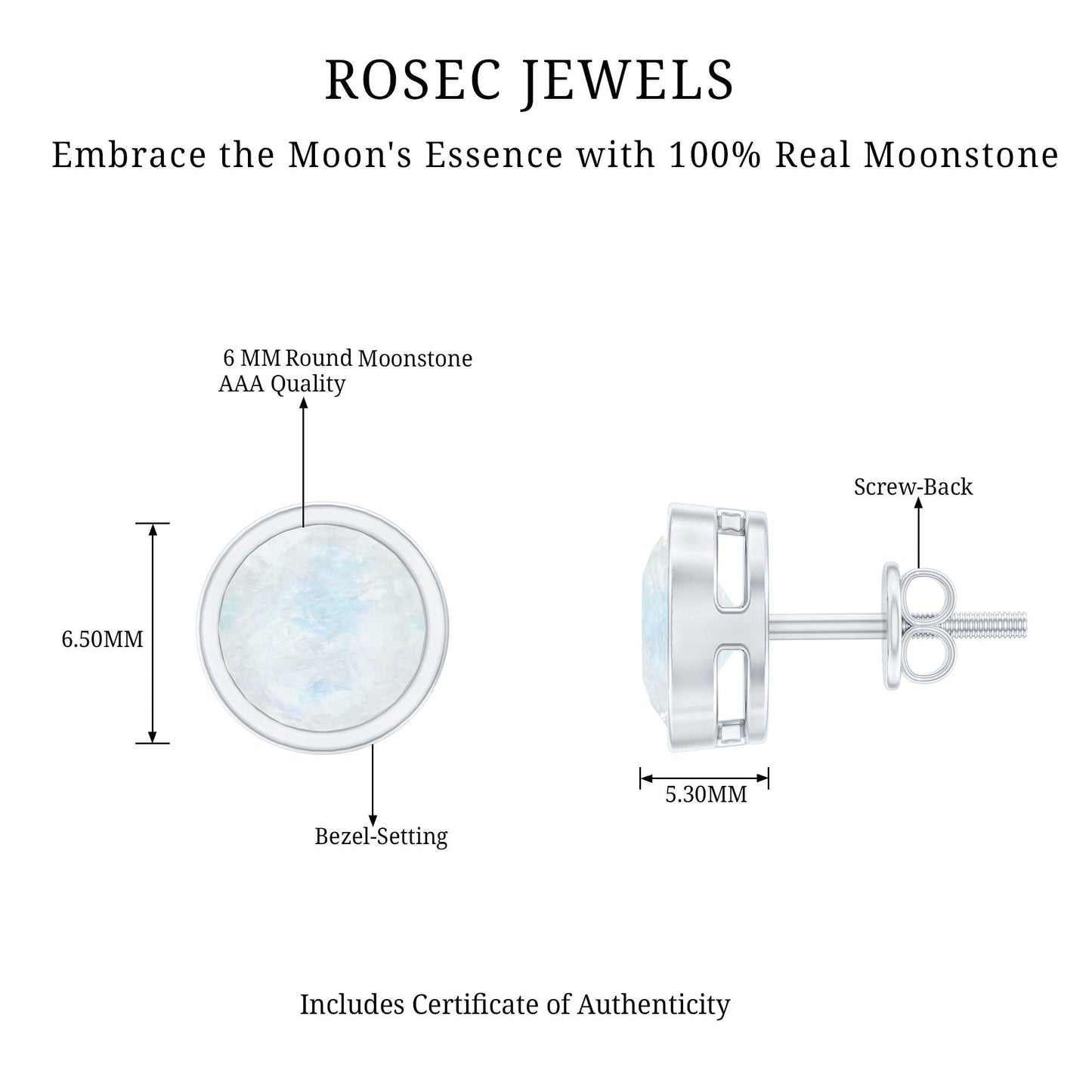 Real Moonstone Solitaire Stud Earrings in Bezel Setting