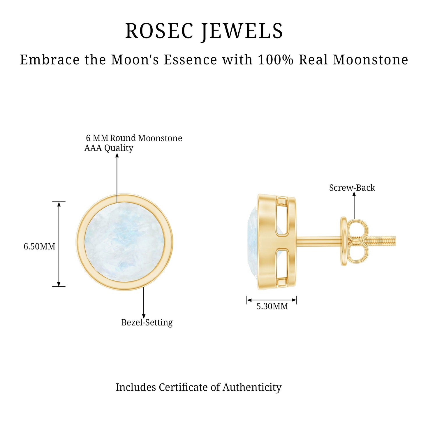 Real Moonstone Solitaire Stud Earrings in Bezel Setting
