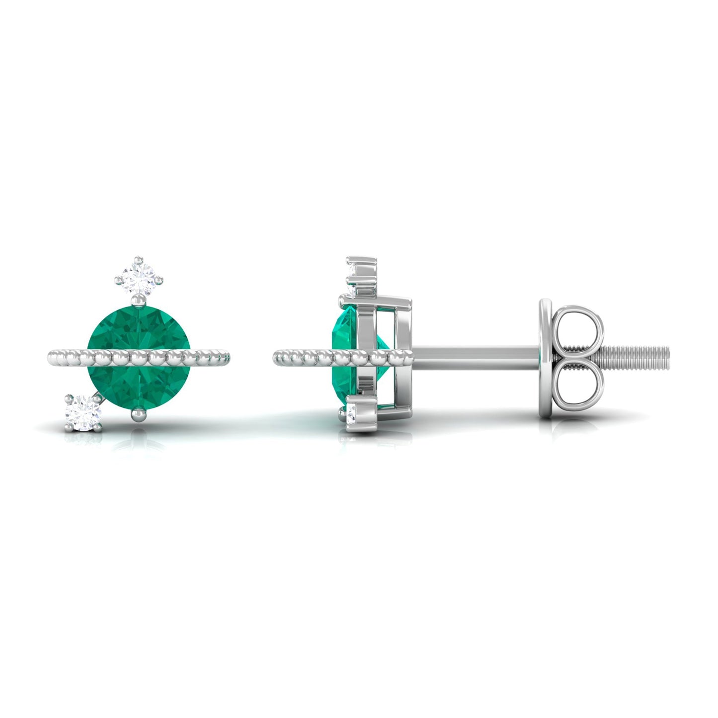 Solitaire Emerald and Diamond Contemporary Stud Earrings