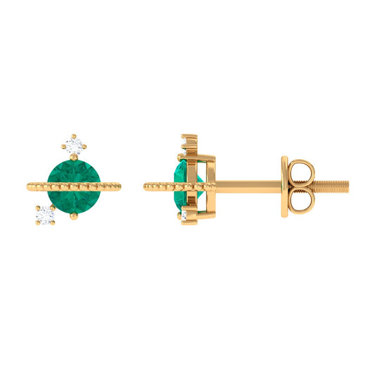 Solitaire Emerald and Diamond Contemporary Stud Earrings