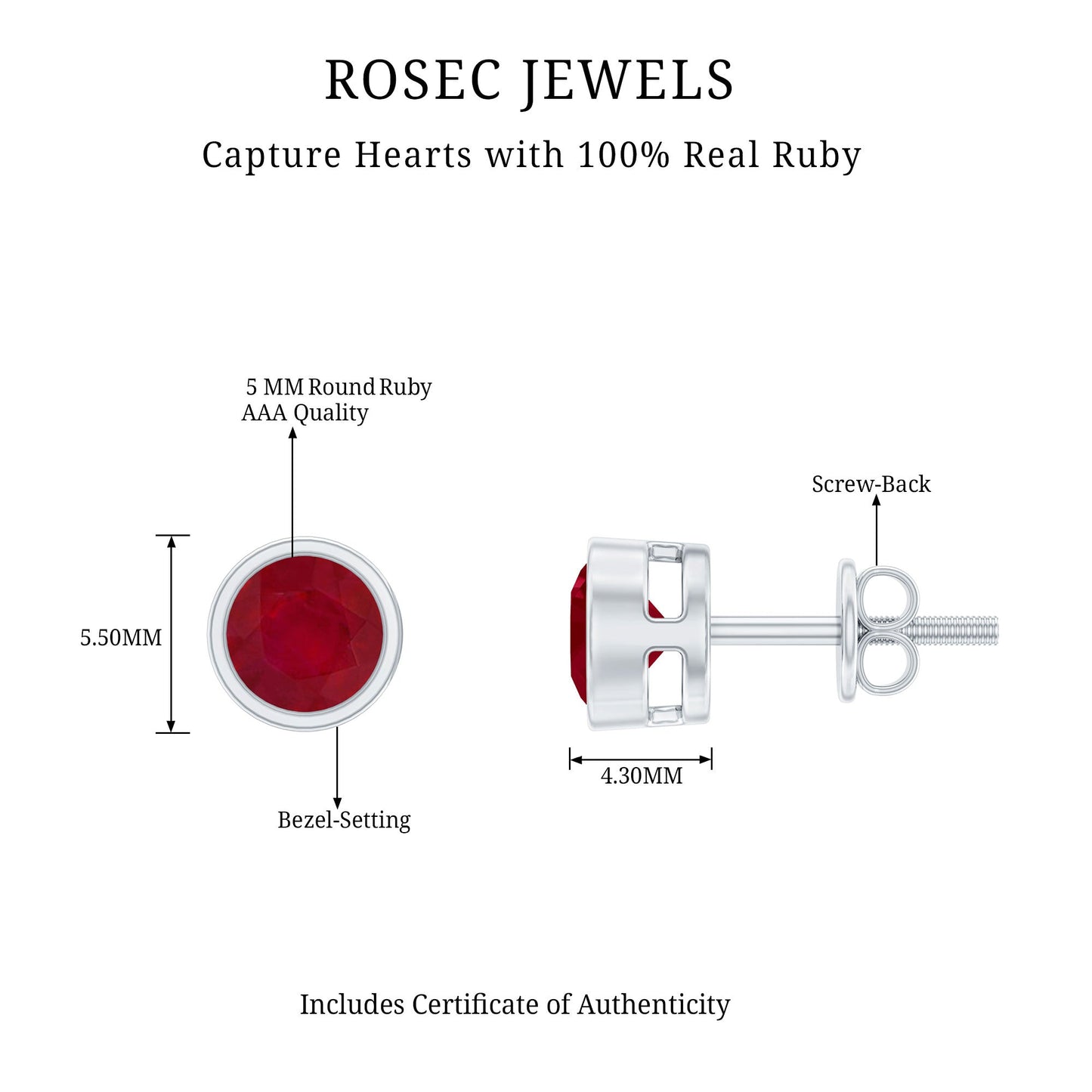 1.3 Carat Bezel Set Genuine Ruby Solitaire Stud Earrings