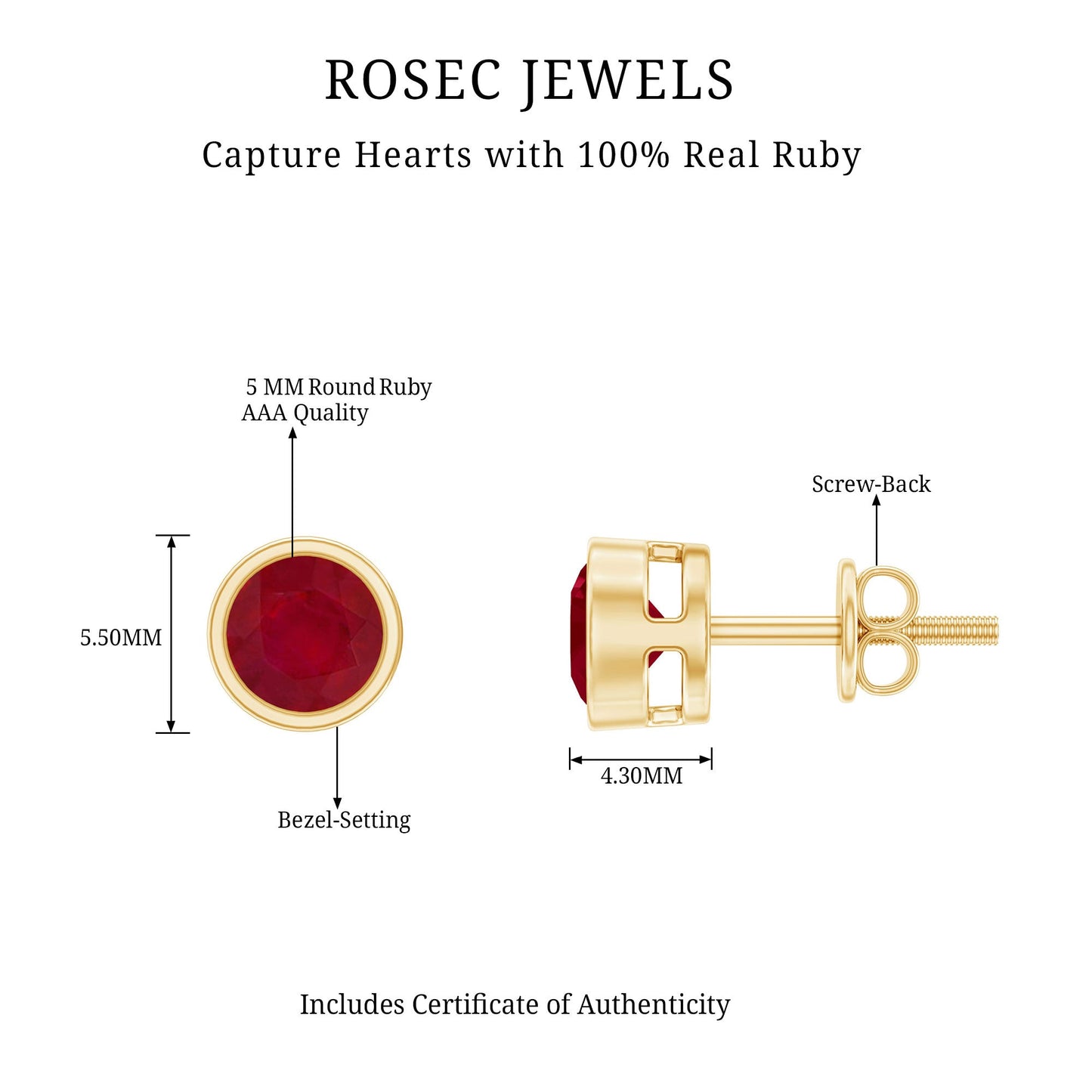 1.3 Carat Bezel Set Genuine Ruby Solitaire Stud Earrings