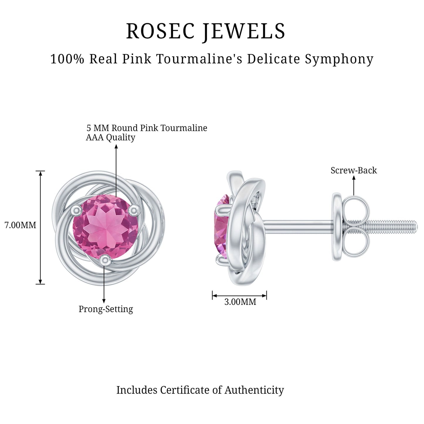 1 Carat Solitaire Pink Tourmaline Swirl Stud Earrings
