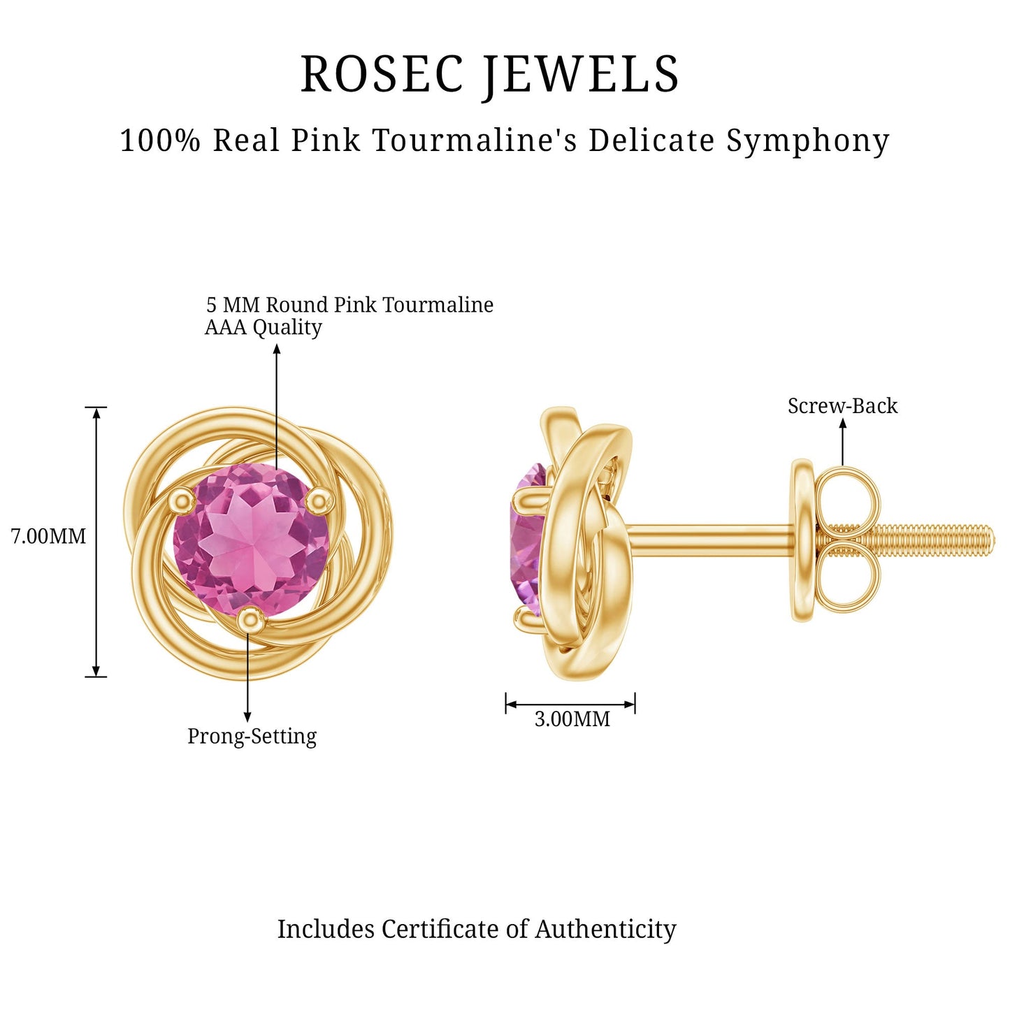1 Carat Solitaire Pink Tourmaline Swirl Stud Earrings
