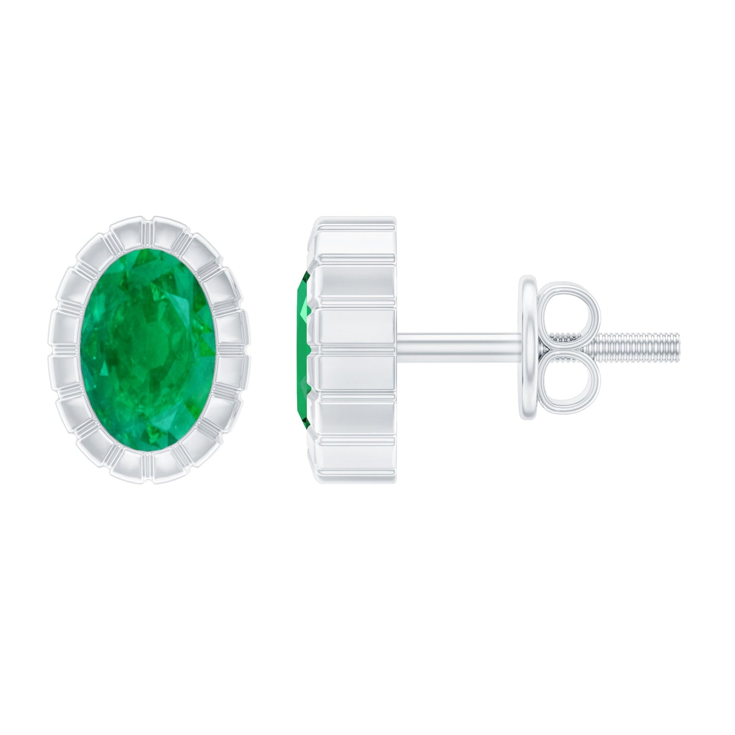 1 Carat Oval Emerald Solitaire Stud Earrings in Bezel Setting