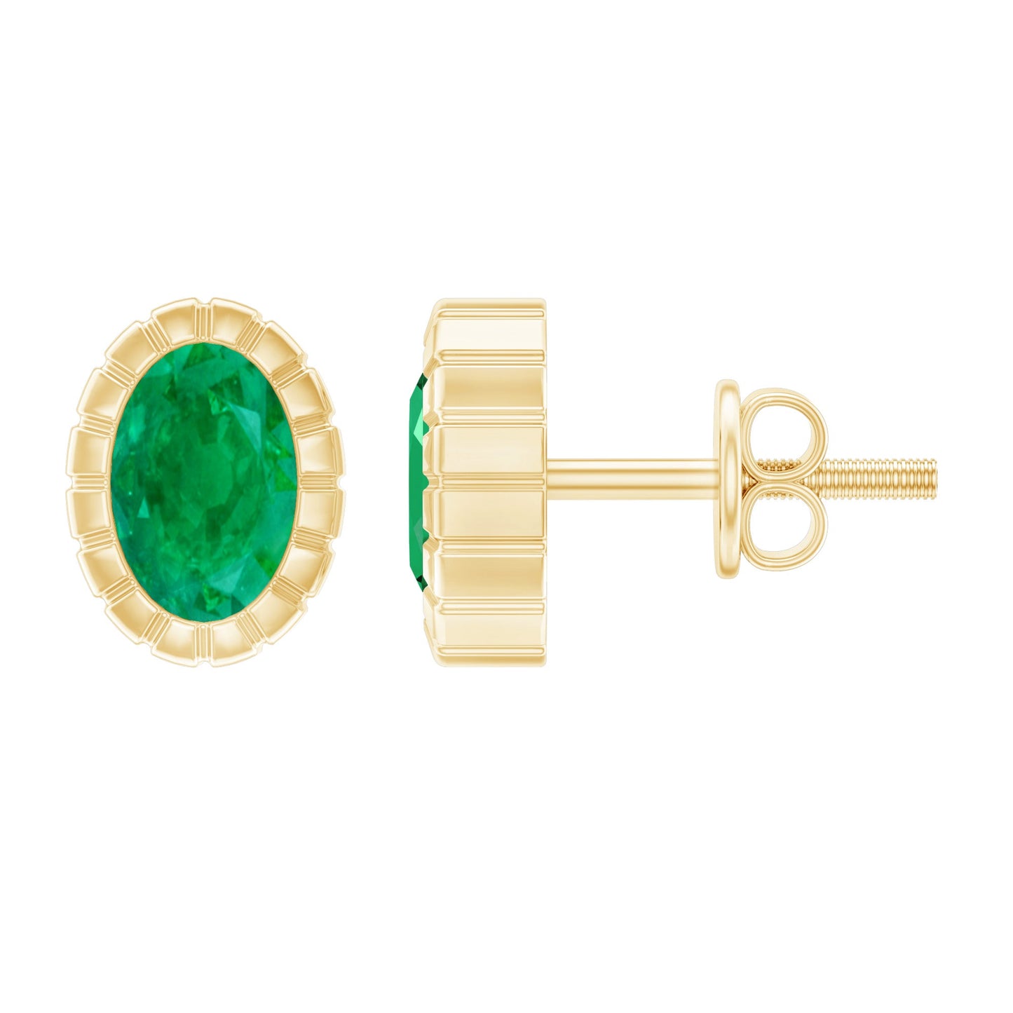 1 Carat Oval Emerald Solitaire Stud Earrings in Bezel Setting