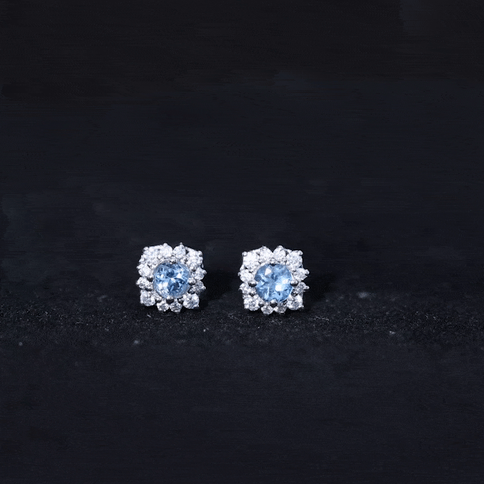 Real Aquamarine Stud Earrings with Moissanite Halo