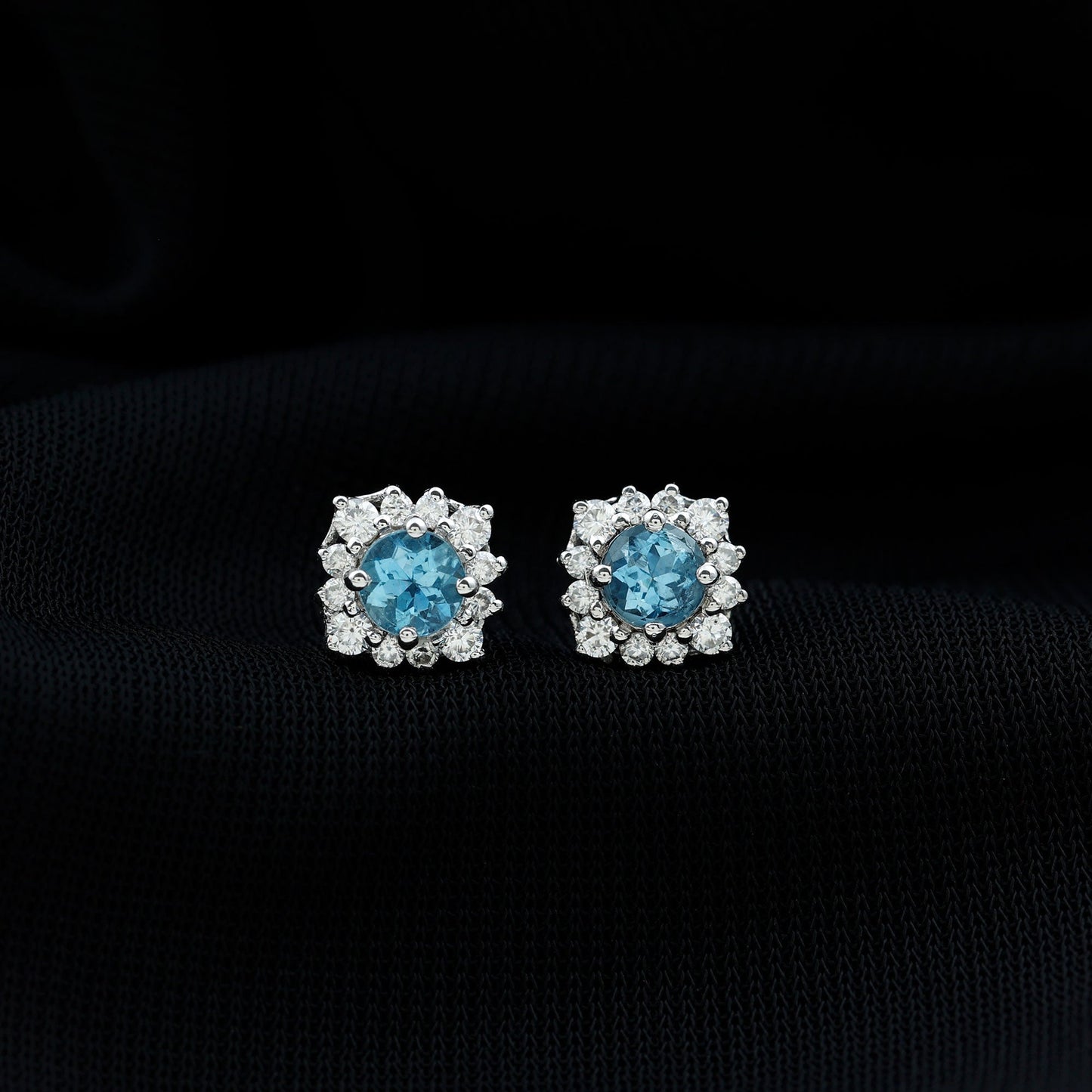 Real Aquamarine Stud Earrings with Moissanite Halo