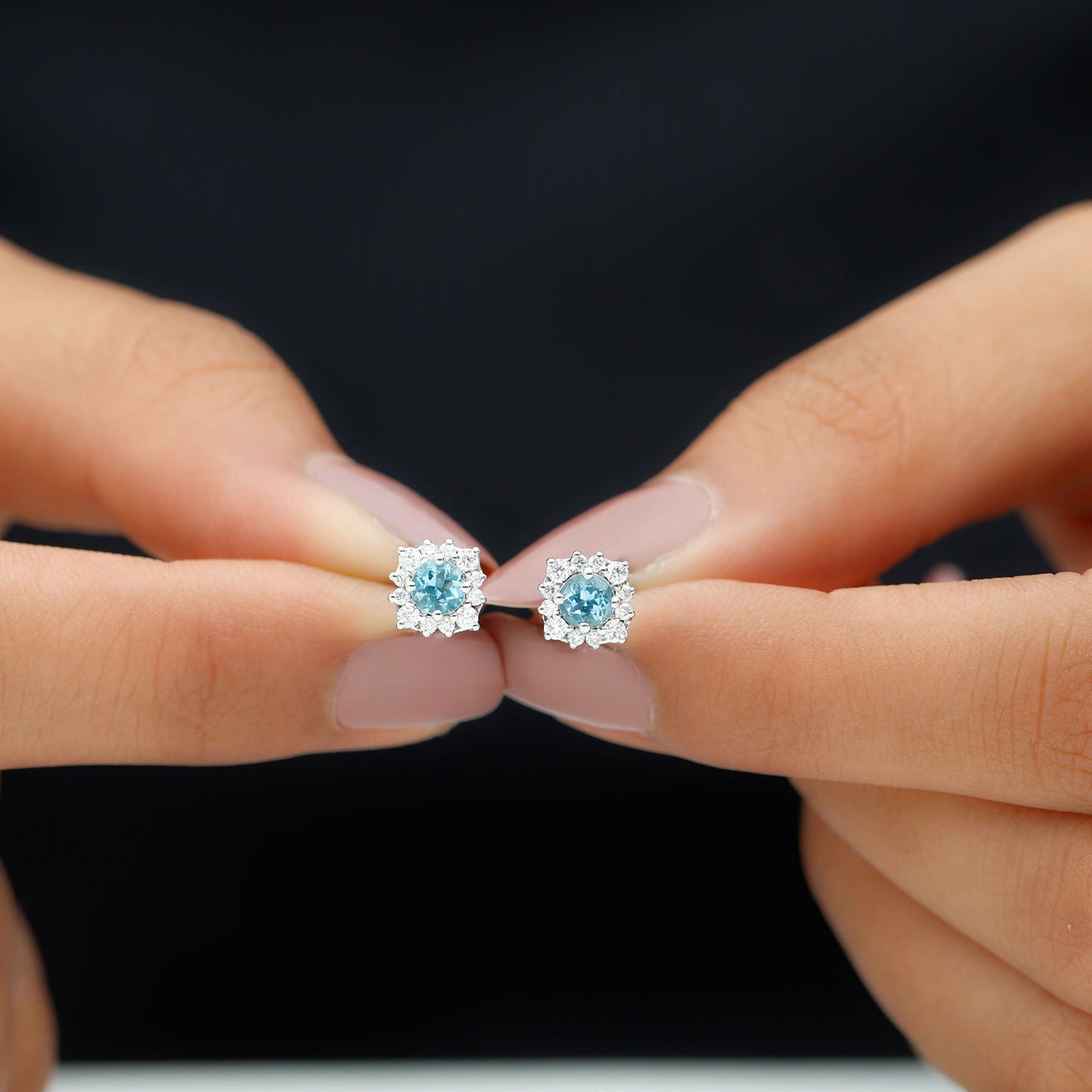 Real Aquamarine Stud Earrings with Moissanite Halo