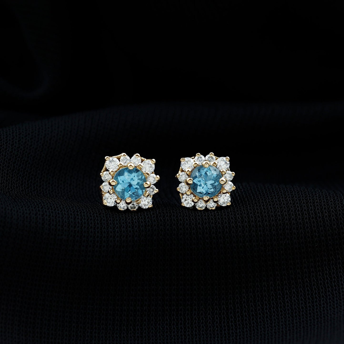 Real Aquamarine Stud Earrings with Moissanite Halo