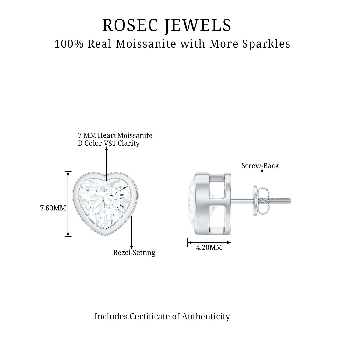 3 Carat Moissanite Heart Stud Earrings in Bezel Setting