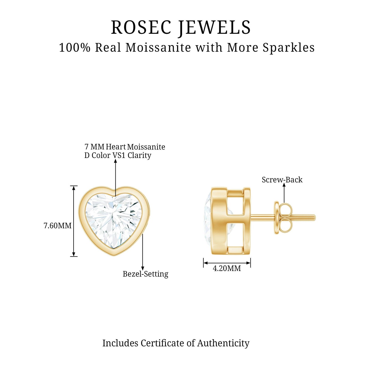 3 Carat Moissanite Heart Stud Earrings in Bezel Setting
