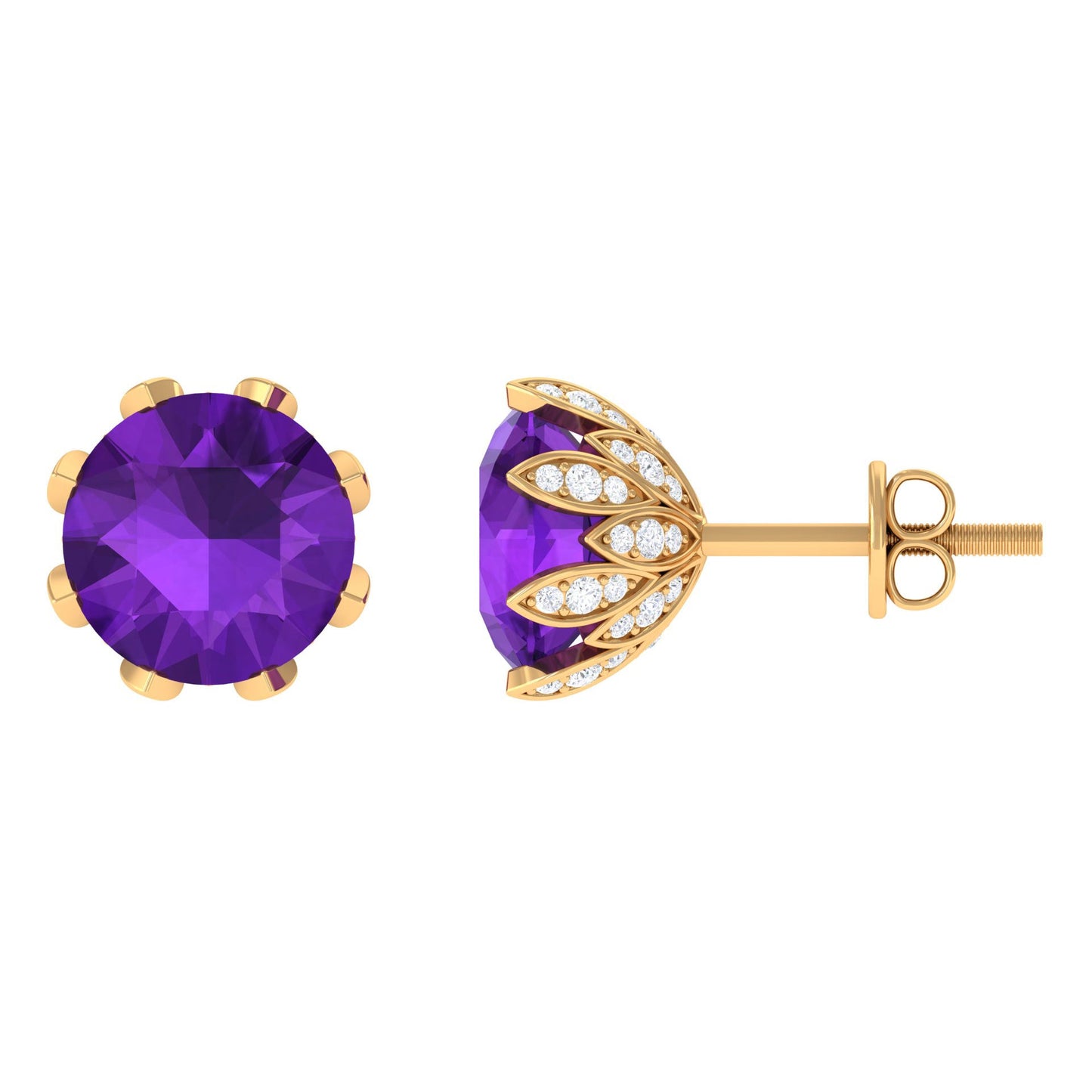 Natural Amethyst Flower Earrings with Diamond