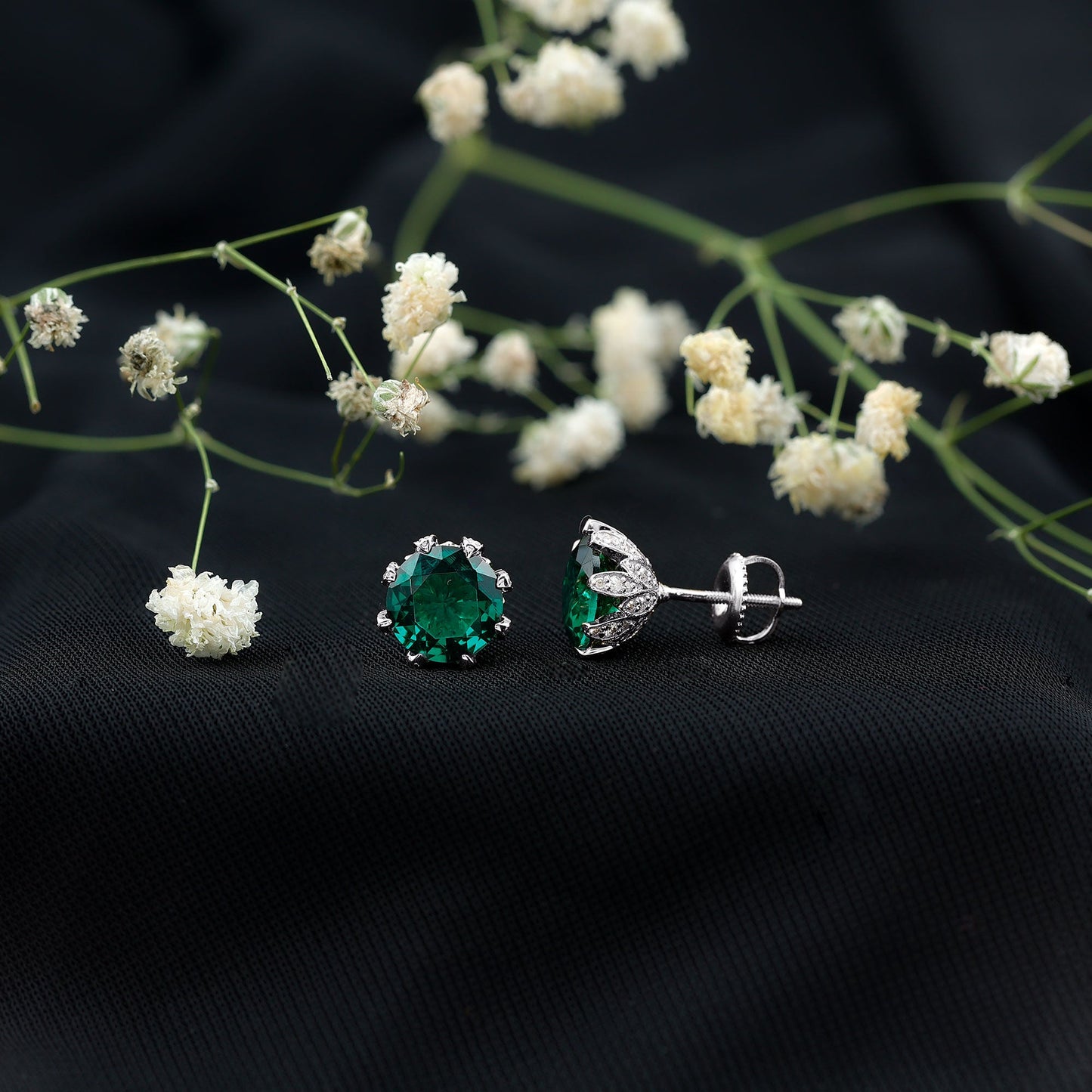 4 Carat Certified Lab Created Emerald Floral Stud Earrings