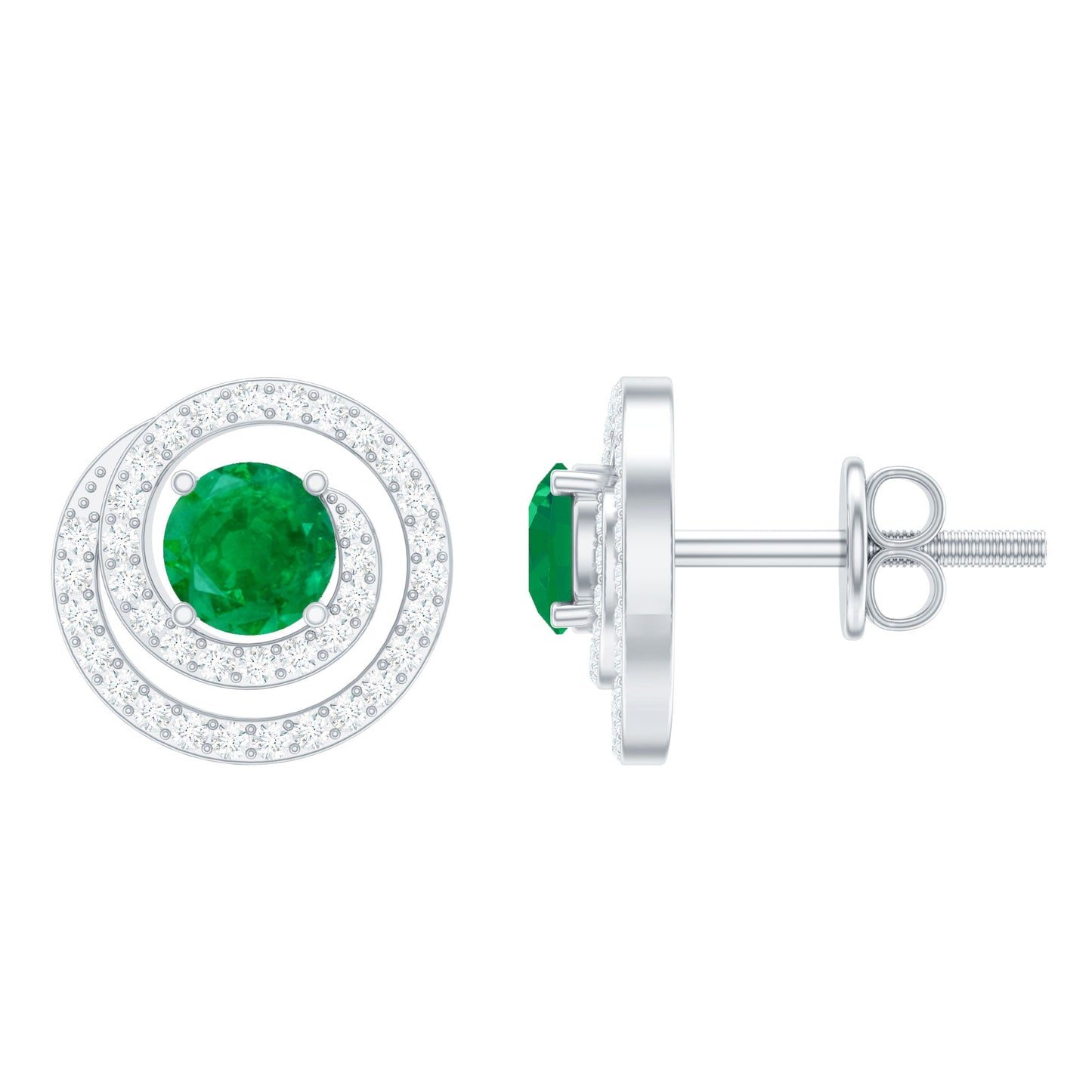 Natural Emerald Diamond Swirl Earrings with Screw Back