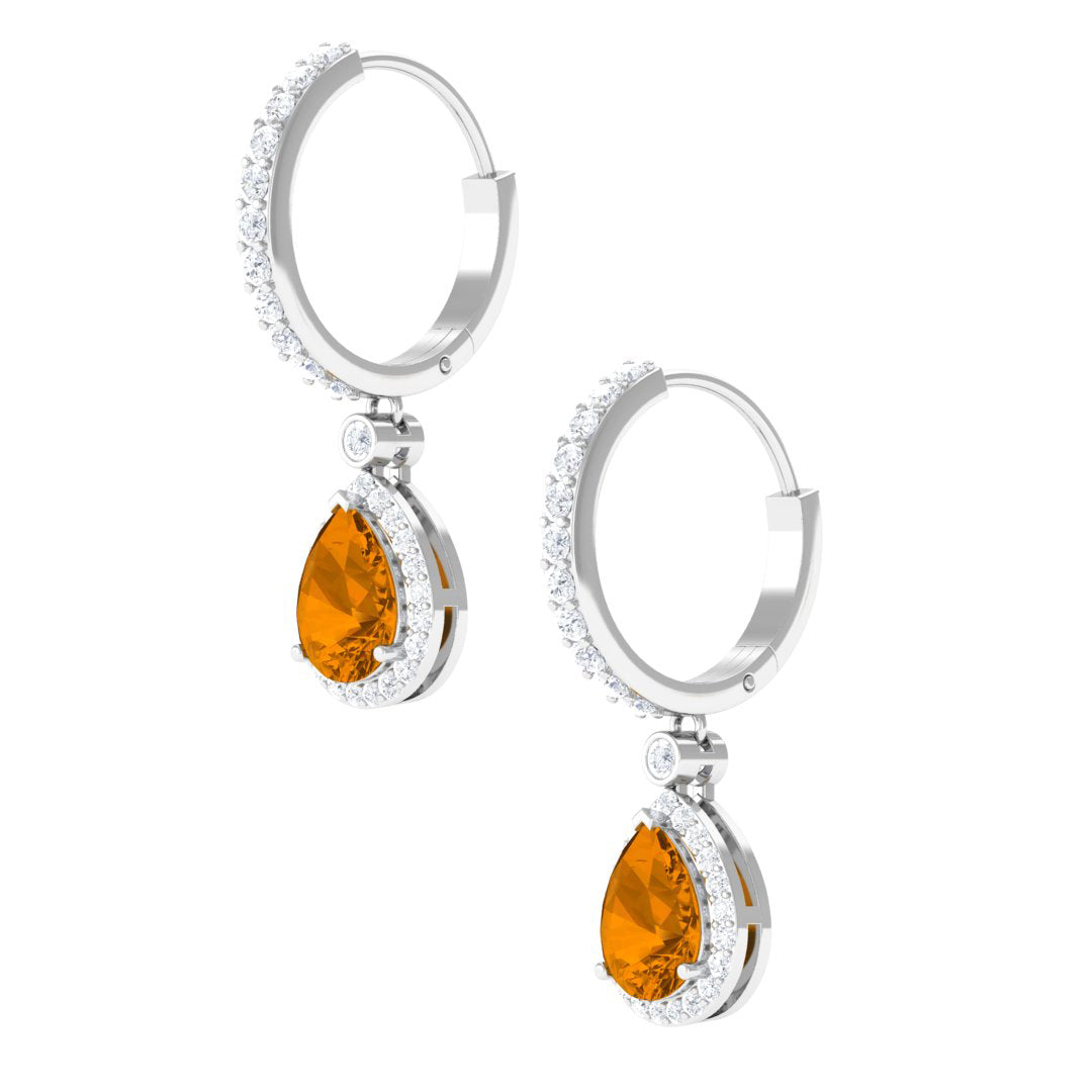 Natural Citrine Teardrop Earrings with Hinged Hoop