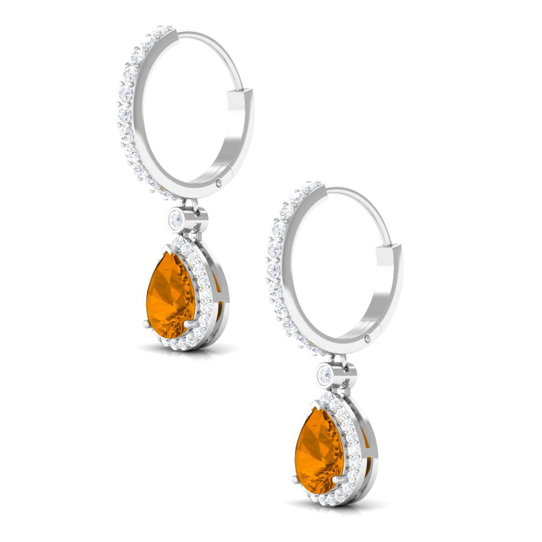 Natural Citrine Teardrop Earrings with Hinged Hoop