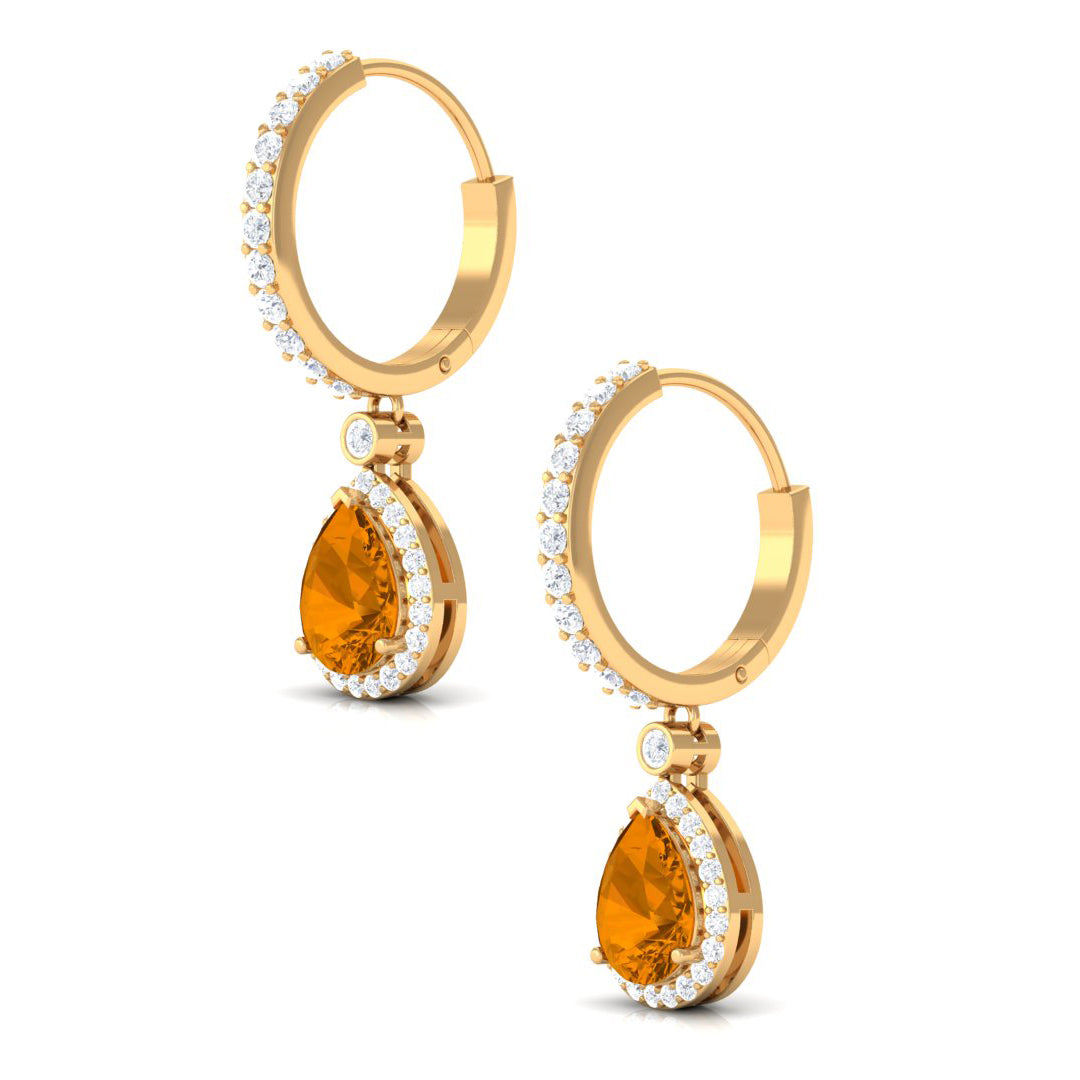 Natural Citrine Teardrop Earrings with Hinged Hoop