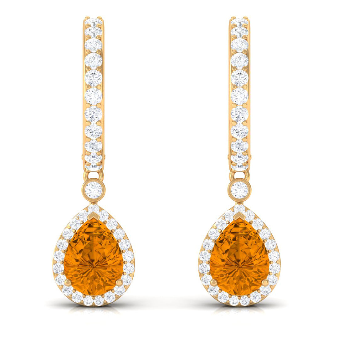Natural Citrine Teardrop Earrings with Hinged Hoop