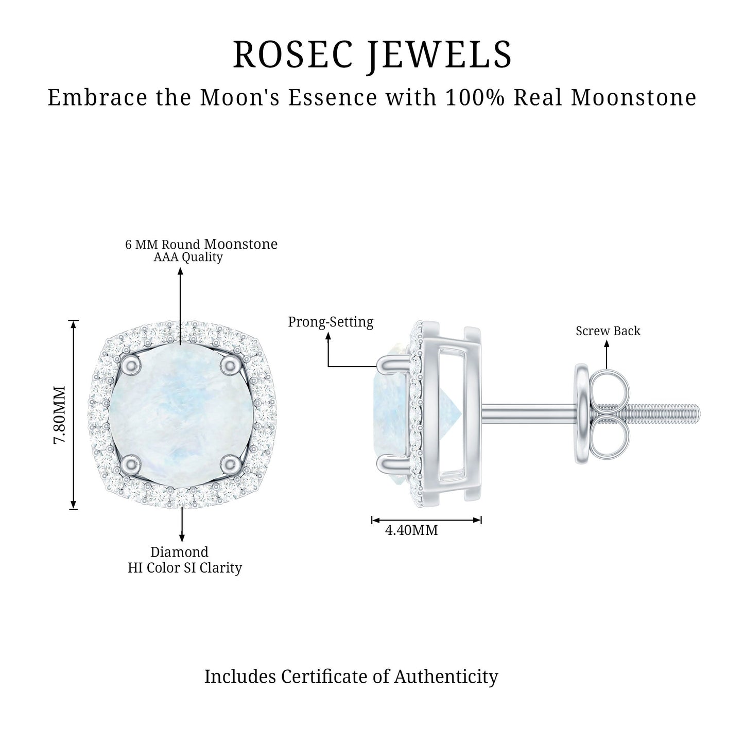 Natural 0.7 Carat Moonstone Stud Earrings with Diamond Halo