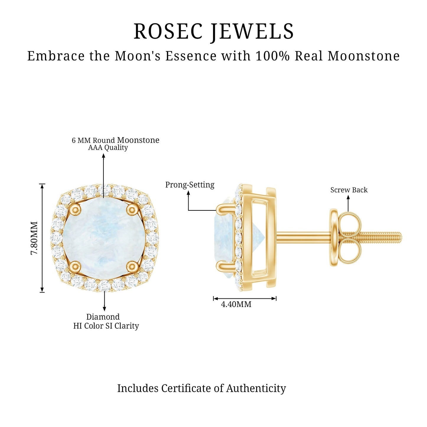 Natural 0.7 Carat Moonstone Stud Earrings with Diamond Halo