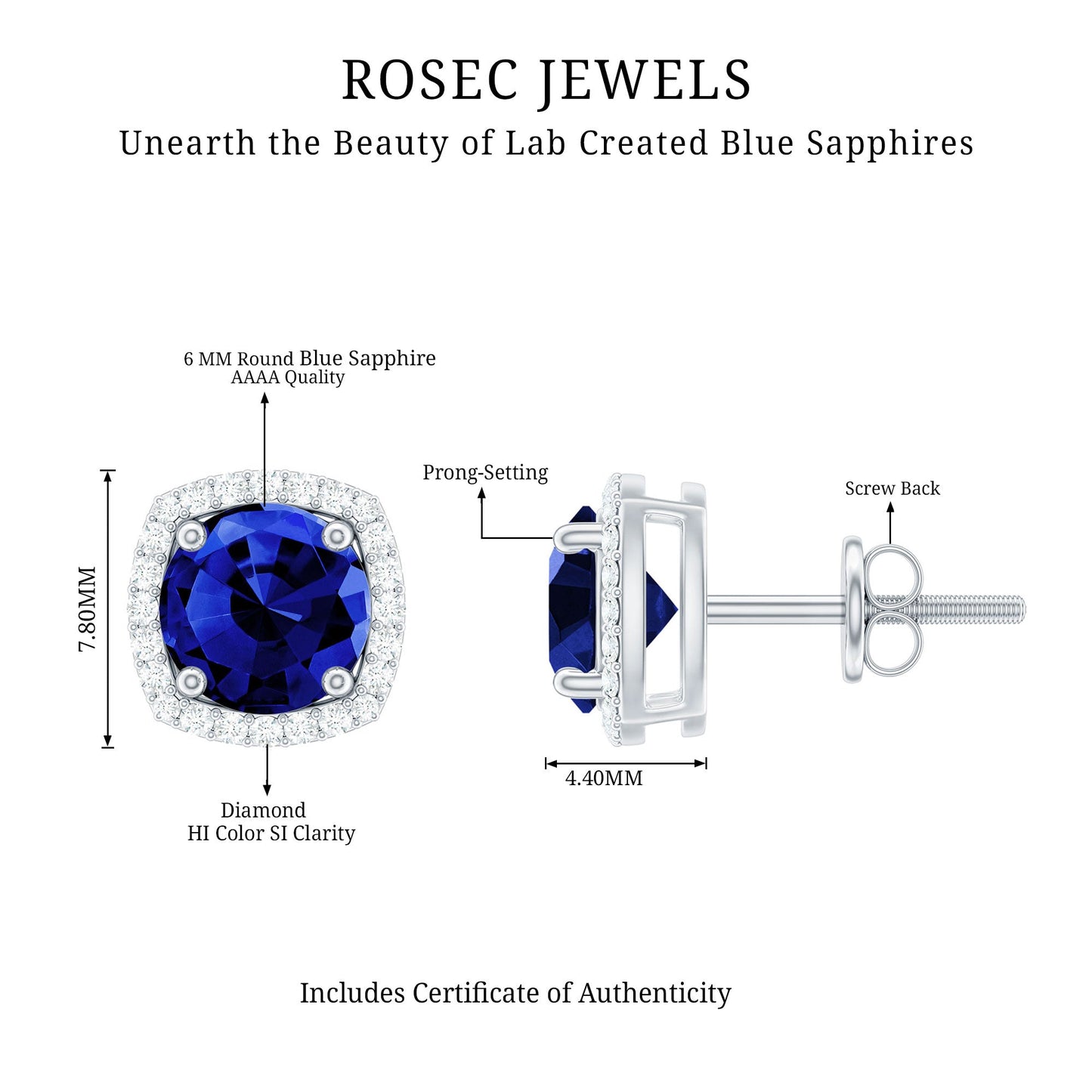 Certified Lab Grown Blue Sapphire and Diamond Halo Stud Earrings