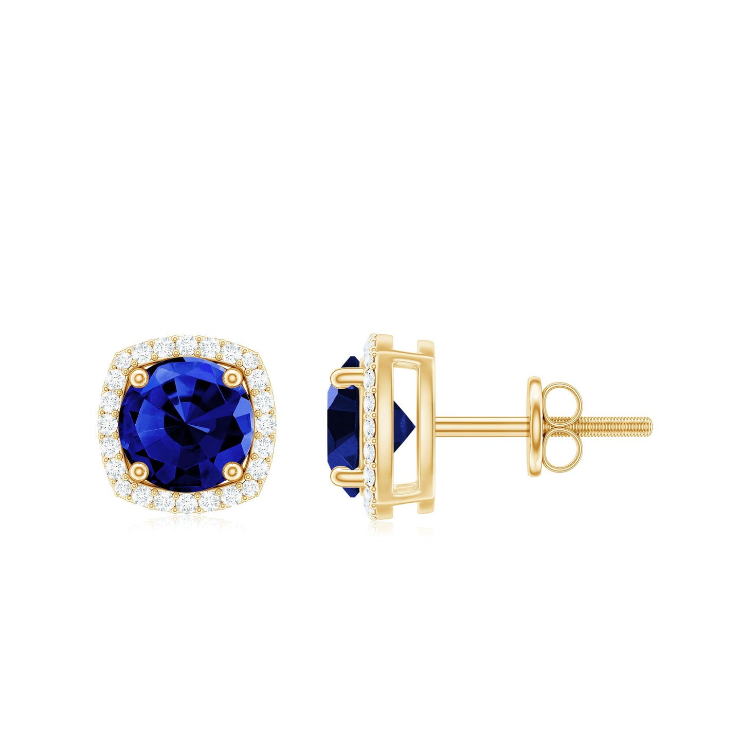 Certified Lab Grown Blue Sapphire and Diamond Halo Stud Earrings
