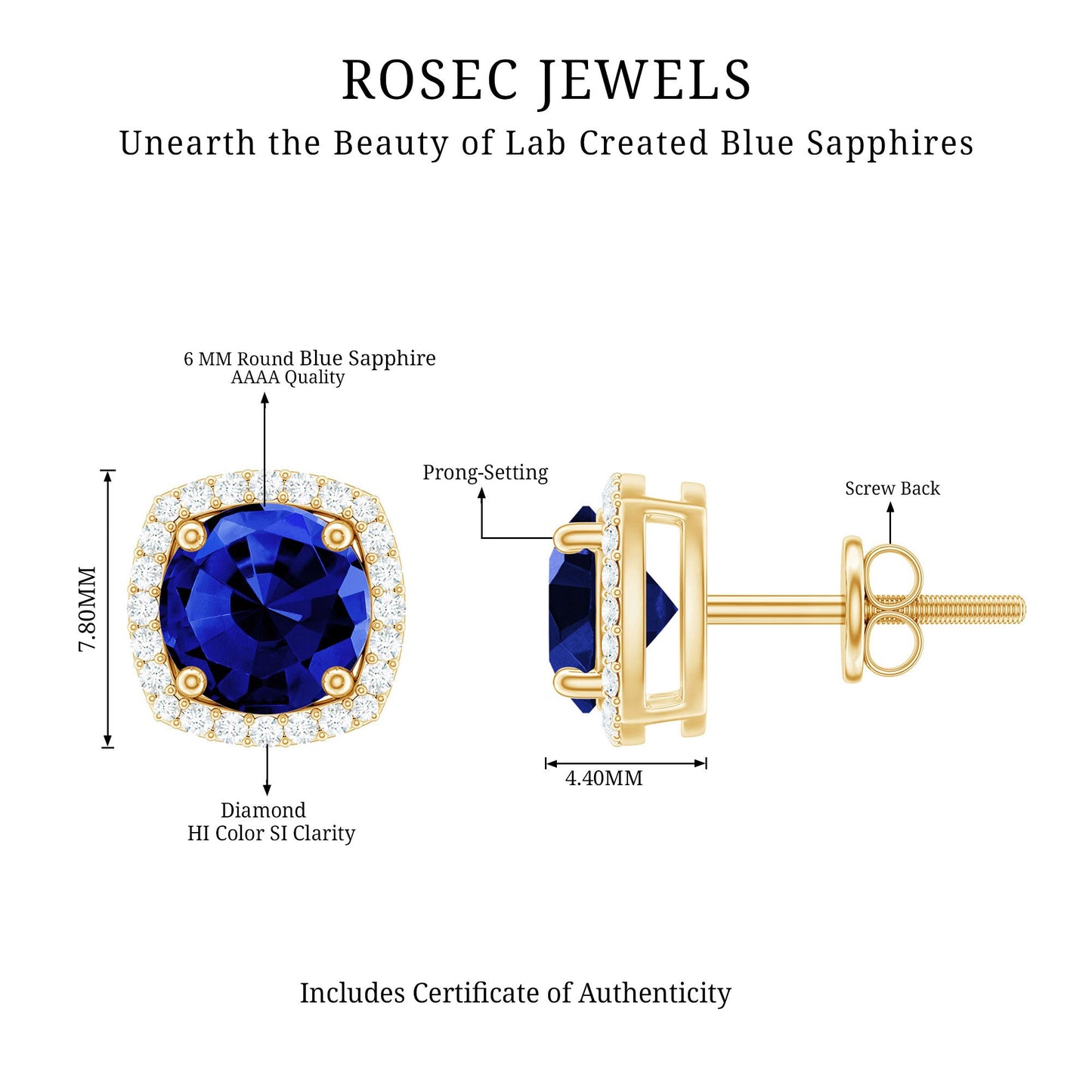 Certified Lab Grown Blue Sapphire and Diamond Halo Stud Earrings