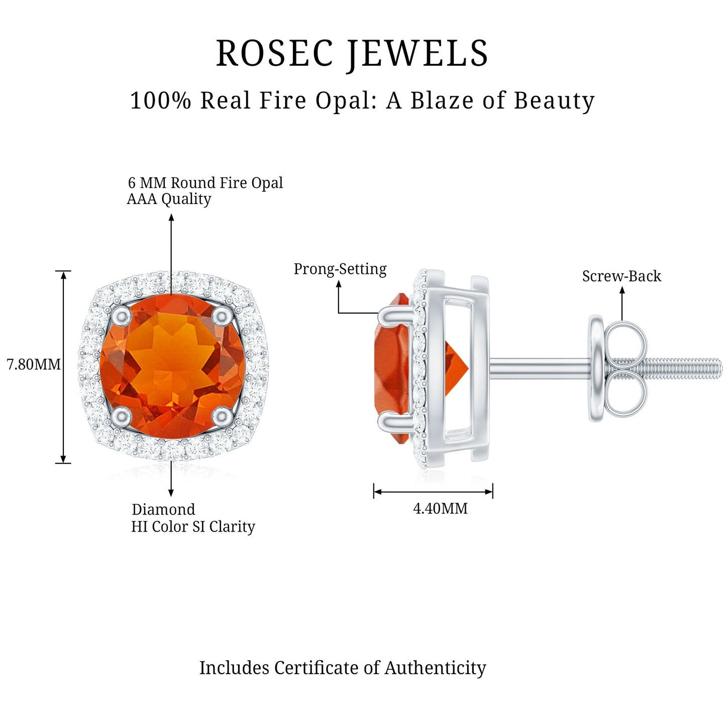 1.5 CT Round Fire Opal and Diamond Halo Stud Earrings