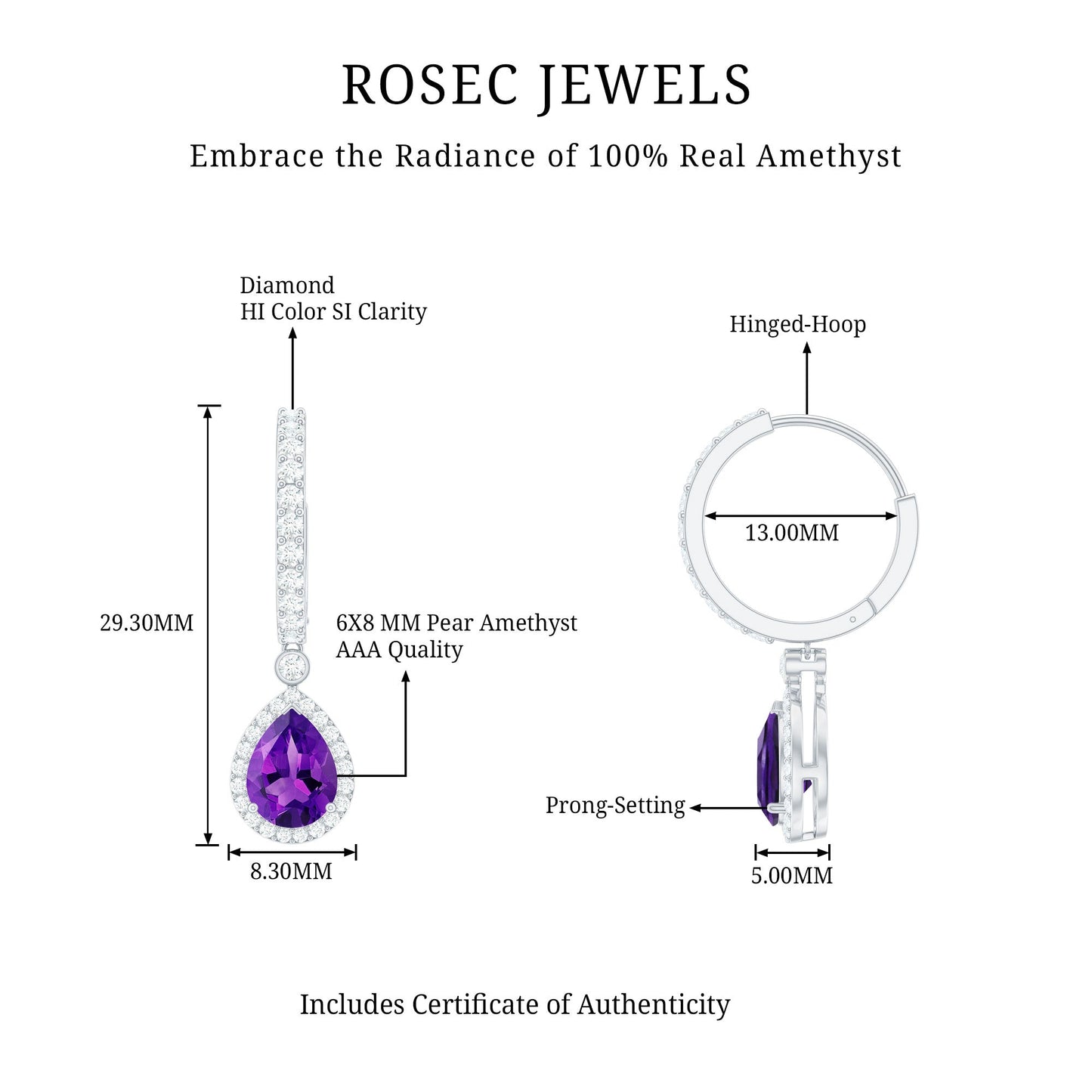 2 Carat Pear Cut Amethyst Hoop Drop Earrings with Diamond Halo