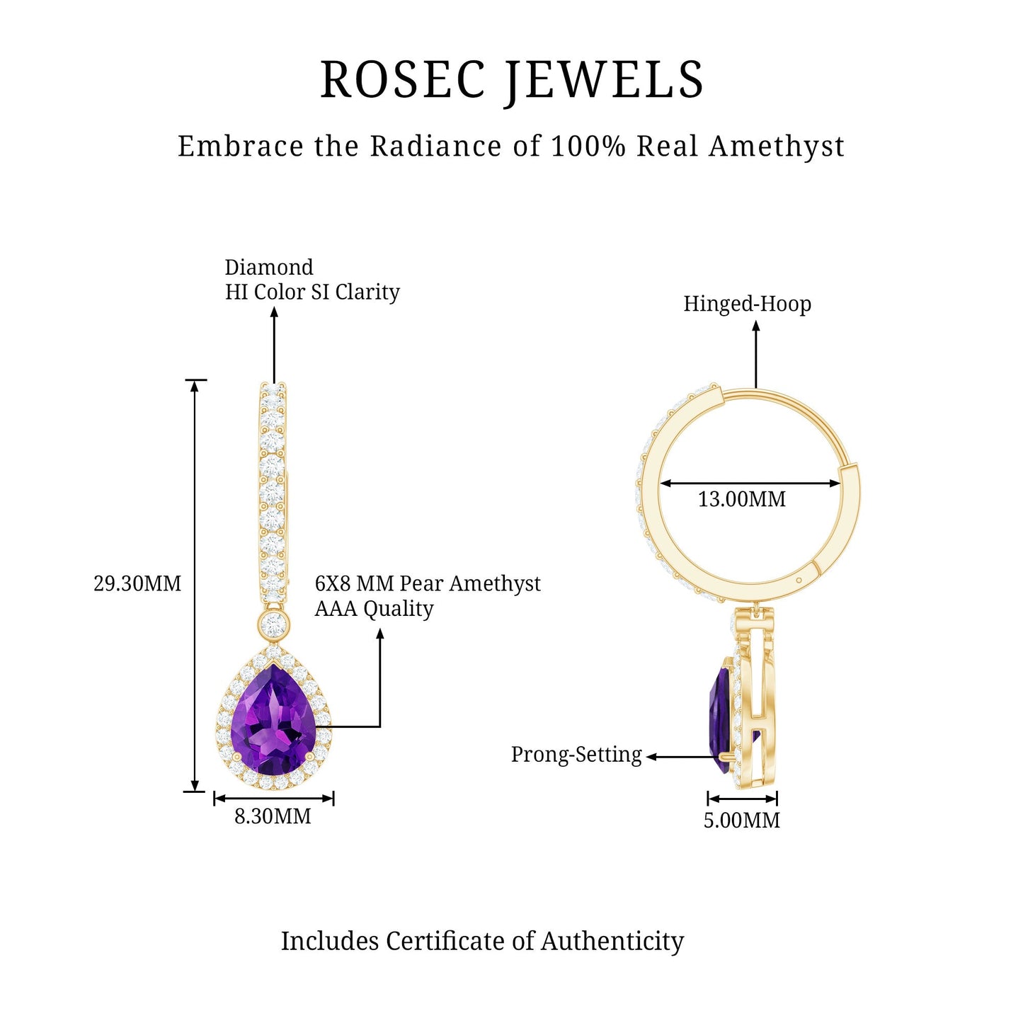 2 Carat Pear Cut Amethyst Hoop Drop Earrings with Diamond Halo
