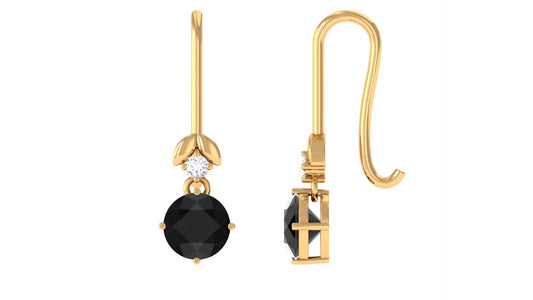 Natural Black Onyx Diamond Drop Earrings with Fish Hook
