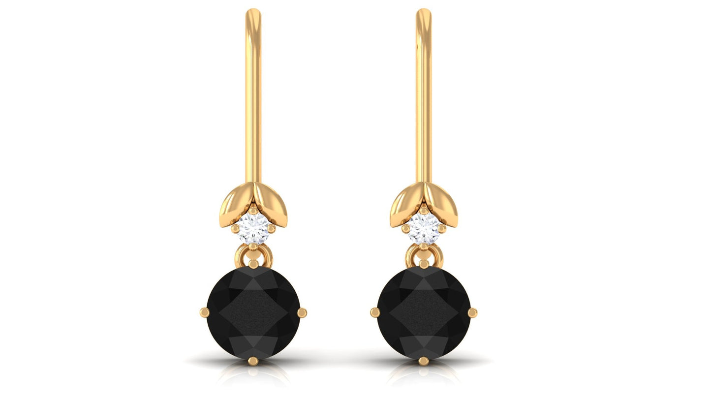 Natural Black Onyx Diamond Drop Earrings with Fish Hook