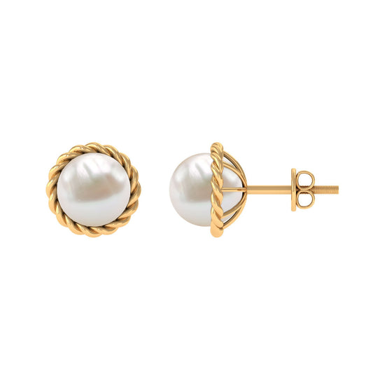 Handpicked 10MM Freshwater Pearl Stud Earrings with Rope Frame