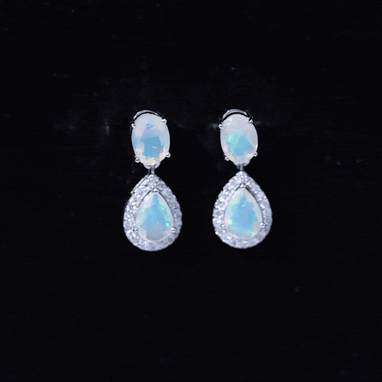 Genuine 3 Carat Ethiopian Opal Drop Dangle Earrings with Diamond Halo