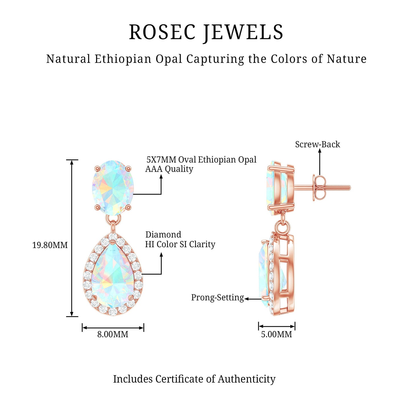 Genuine 3 Carat Ethiopian Opal Drop Dangle Earrings with Diamond Halo