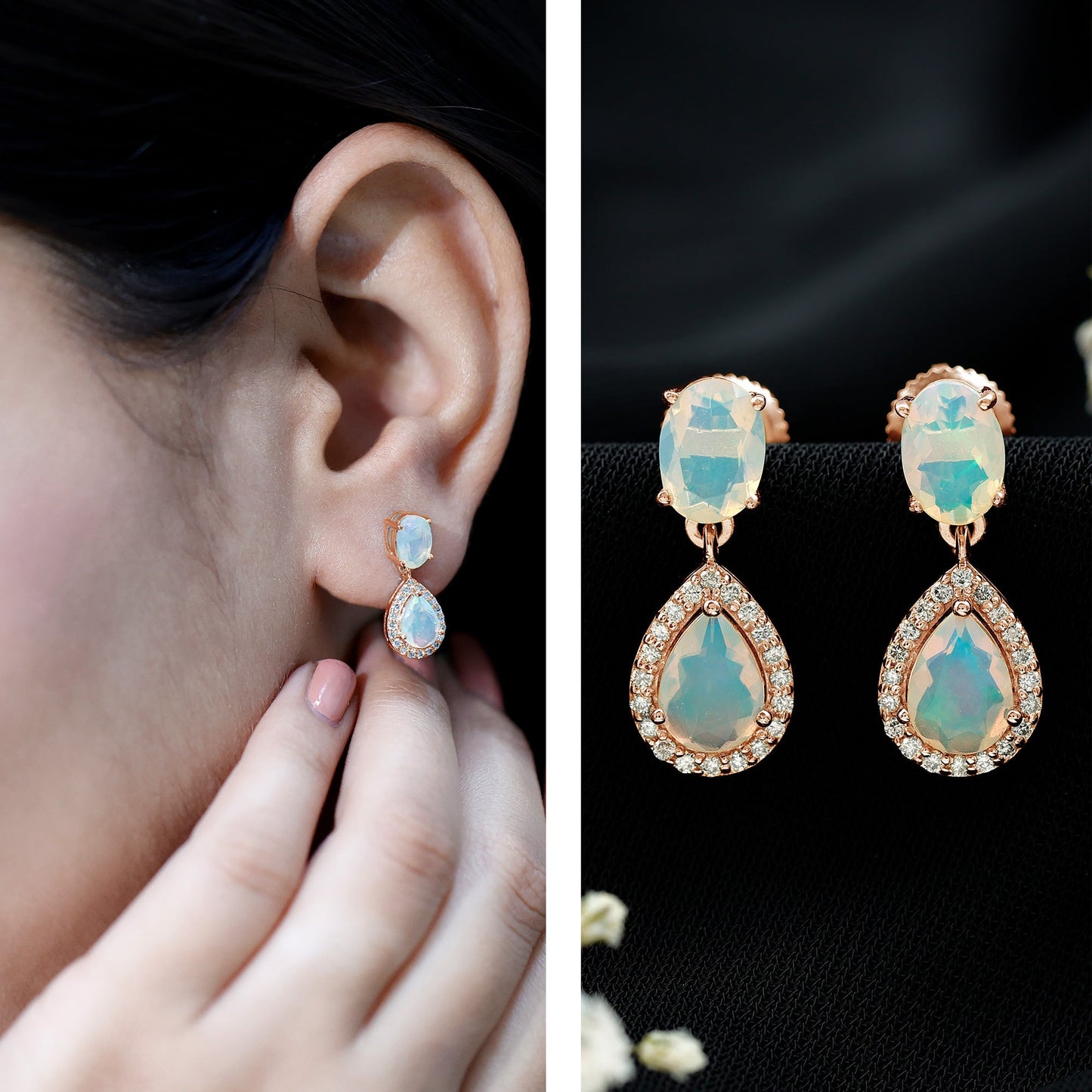Genuine 3 Carat Ethiopian Opal Drop Dangle Earrings with Diamond Halo