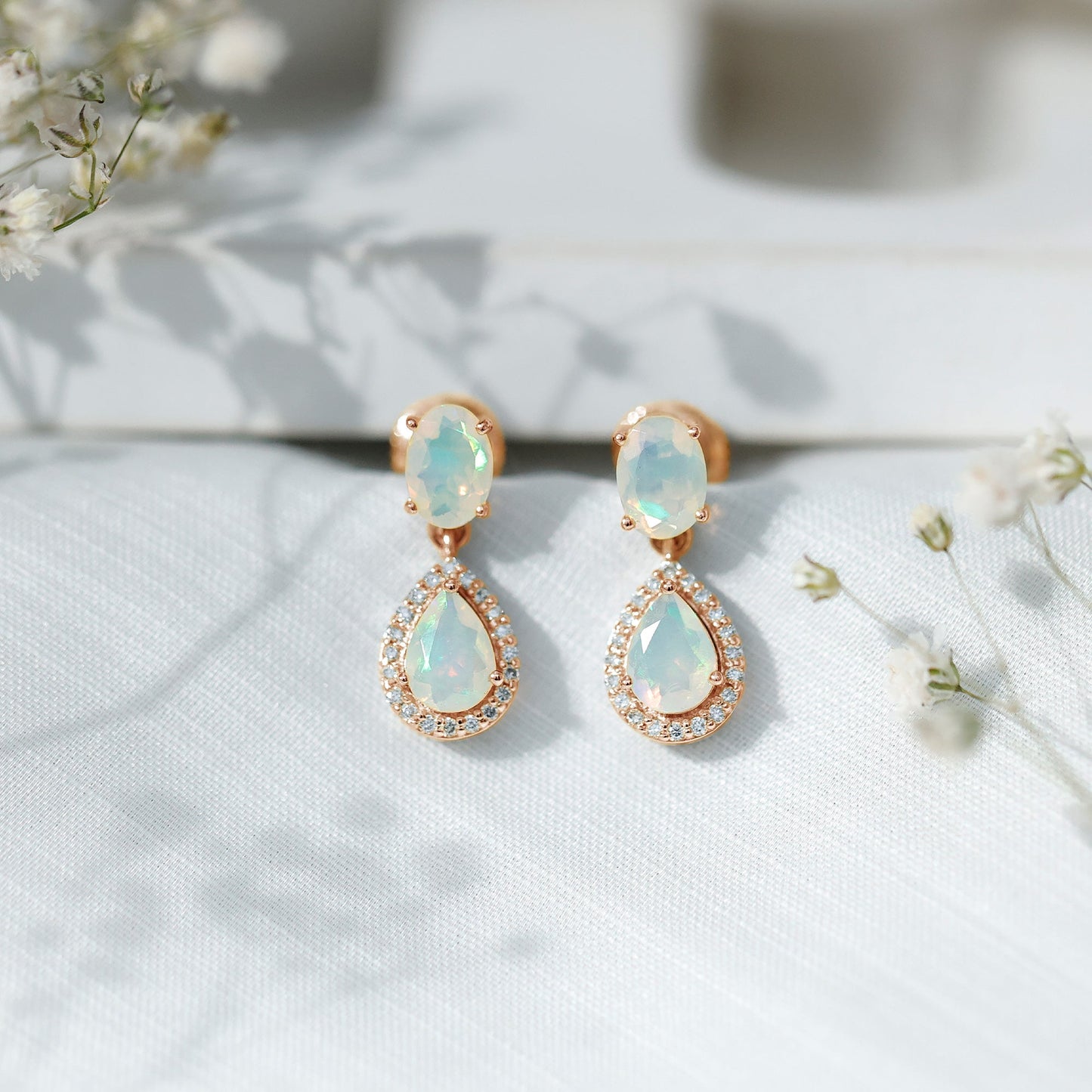 Genuine 3 Carat Ethiopian Opal Drop Dangle Earrings with Diamond Halo