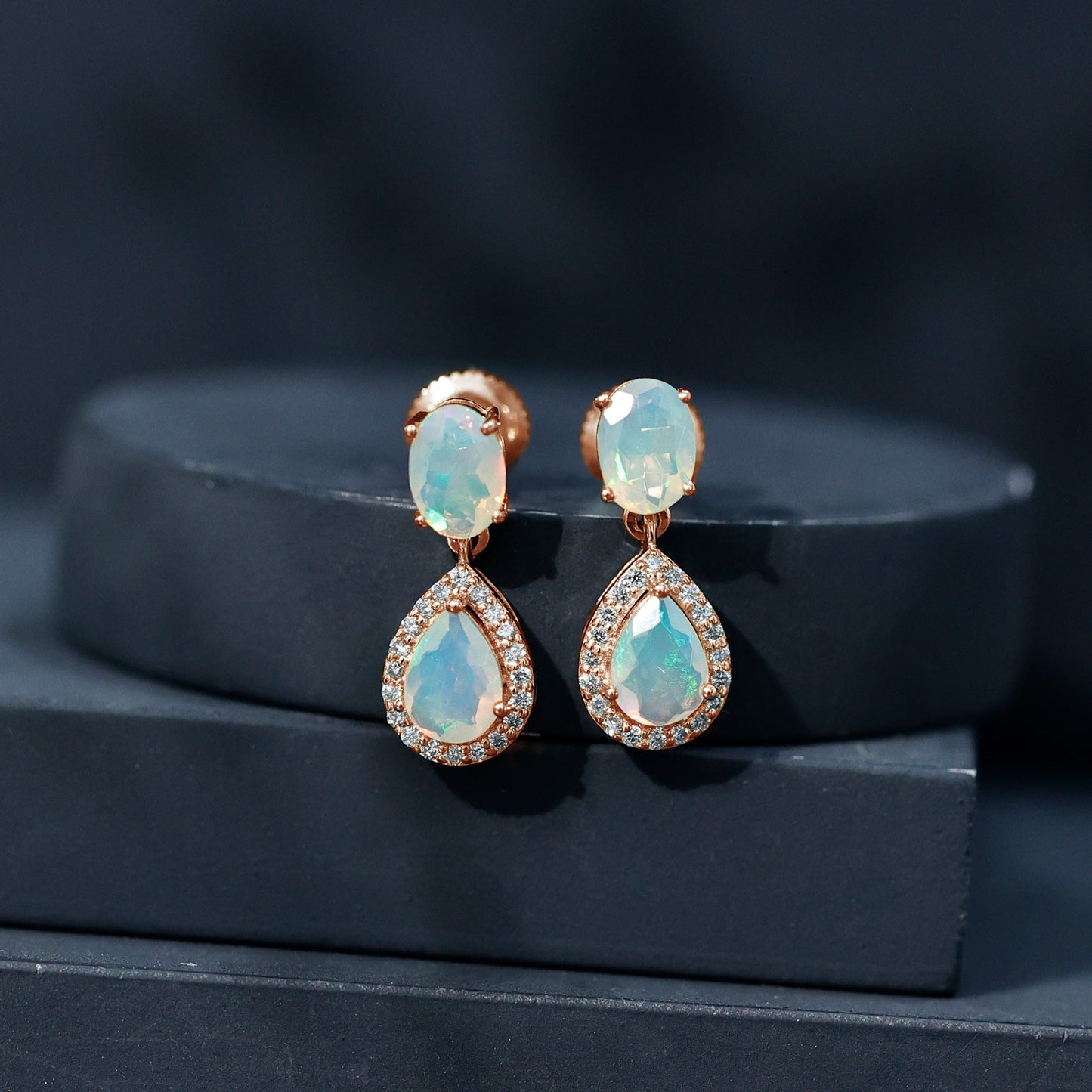 Genuine 3 Carat Ethiopian Opal Drop Dangle Earrings with Diamond Halo