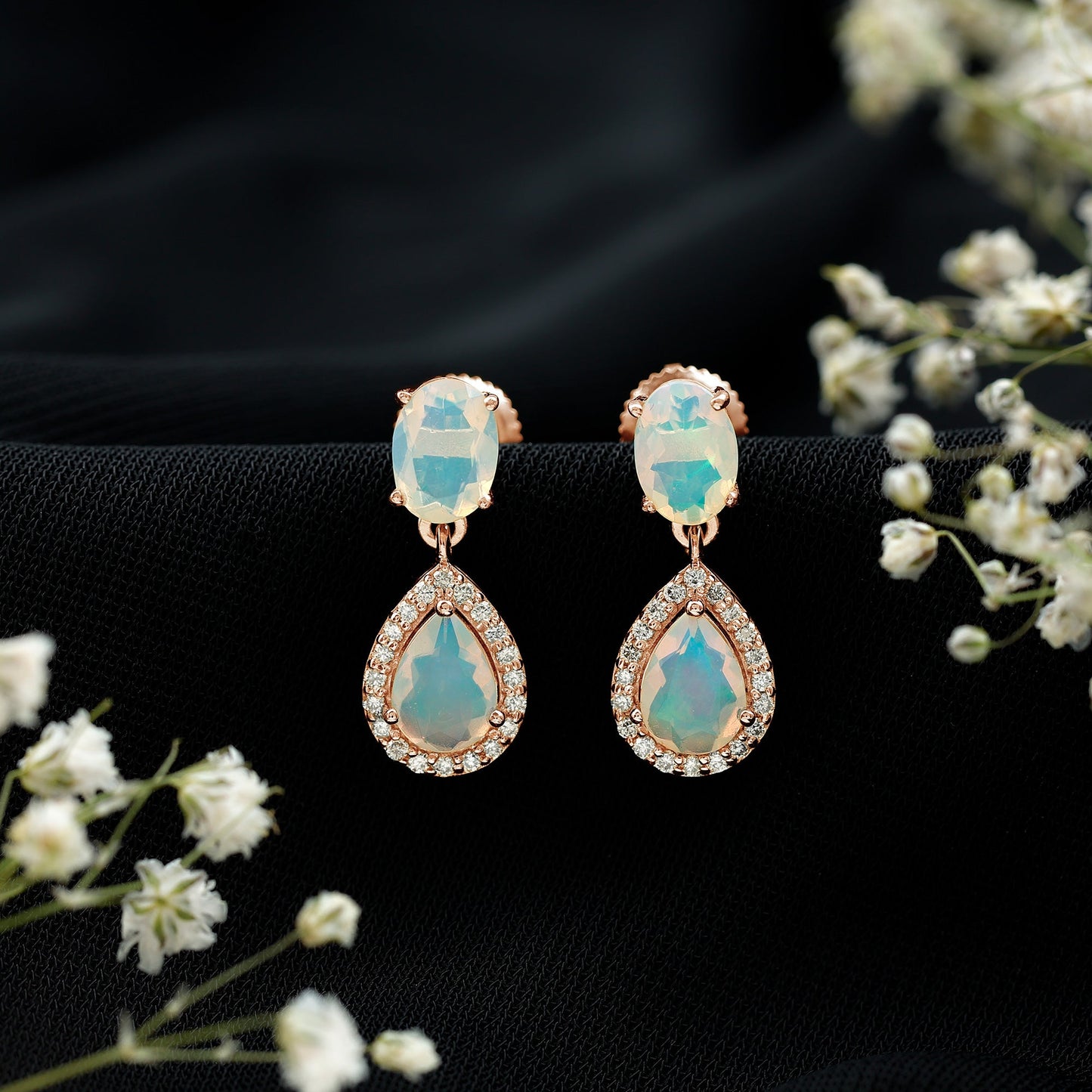 Genuine 3 Carat Ethiopian Opal Drop Dangle Earrings with Diamond Halo