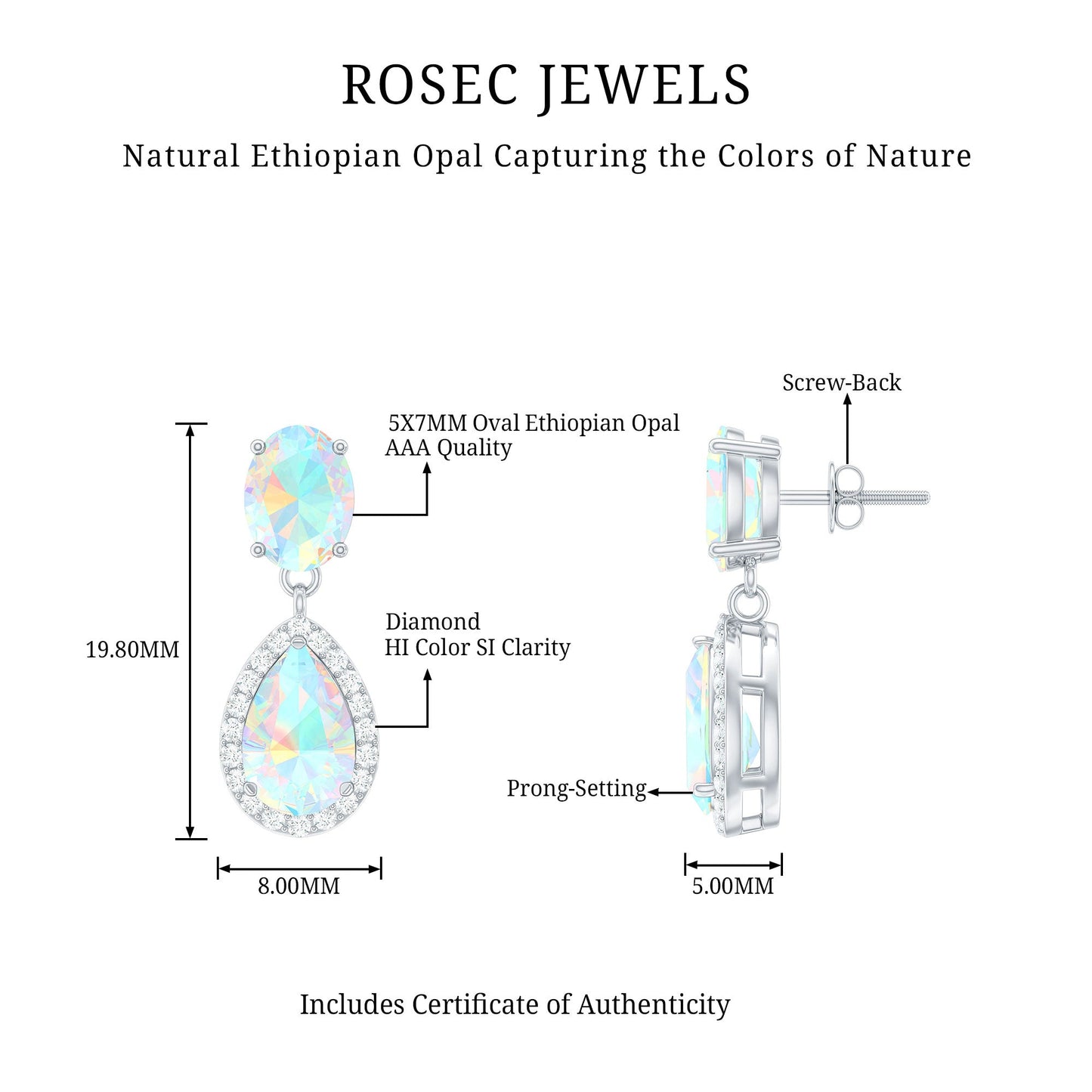 Genuine 3 Carat Ethiopian Opal Drop Dangle Earrings with Diamond Halo