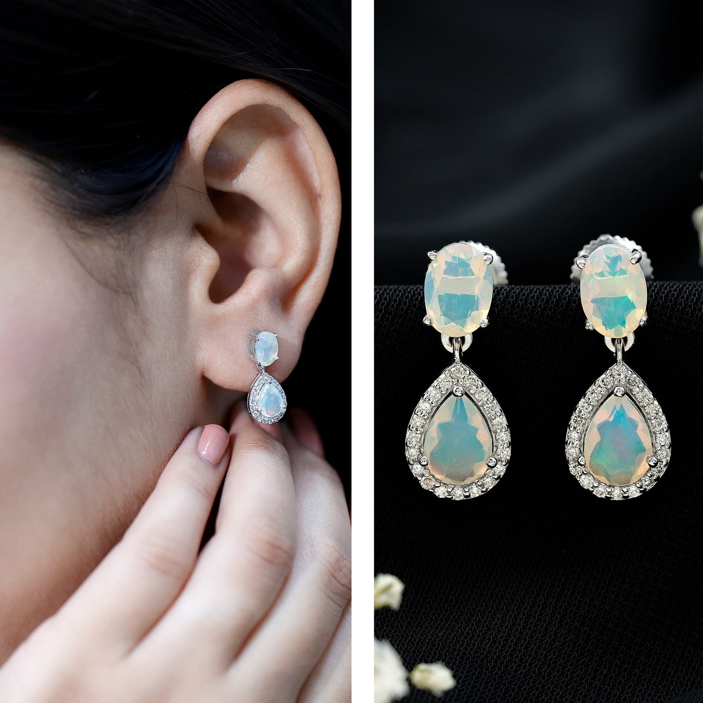 Genuine 3 Carat Ethiopian Opal Drop Dangle Earrings with Diamond Halo