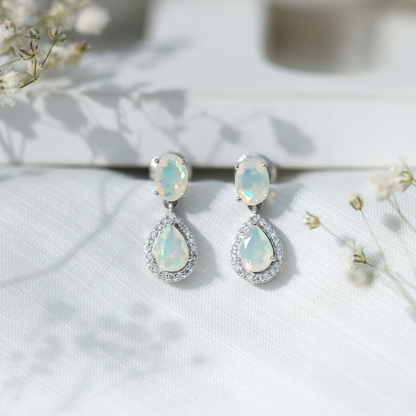 Genuine 3 Carat Ethiopian Opal Drop Dangle Earrings with Diamond Halo
